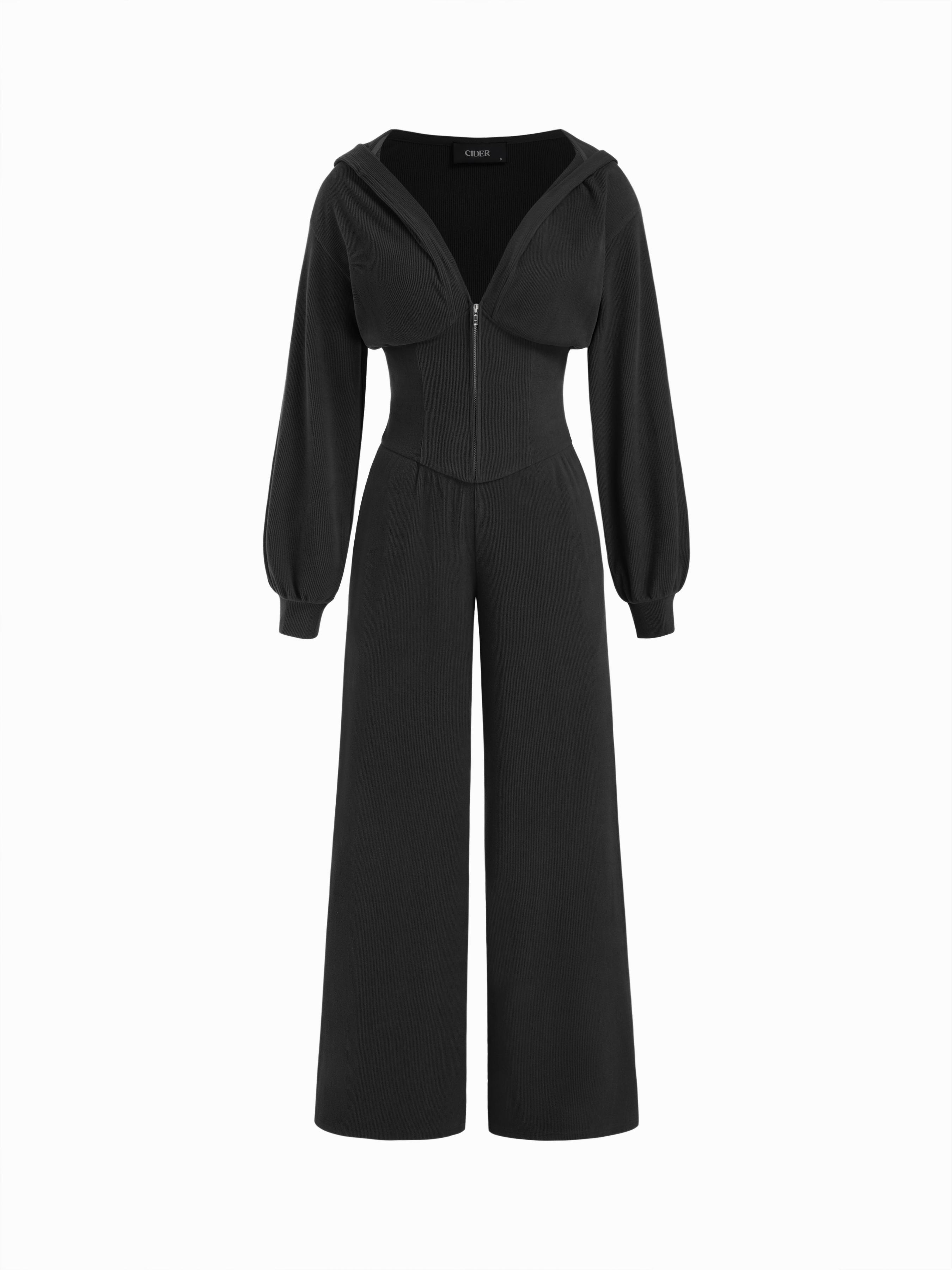 Jersey Hooded Cinched Waist Zipper Jumpsuit by CIDER