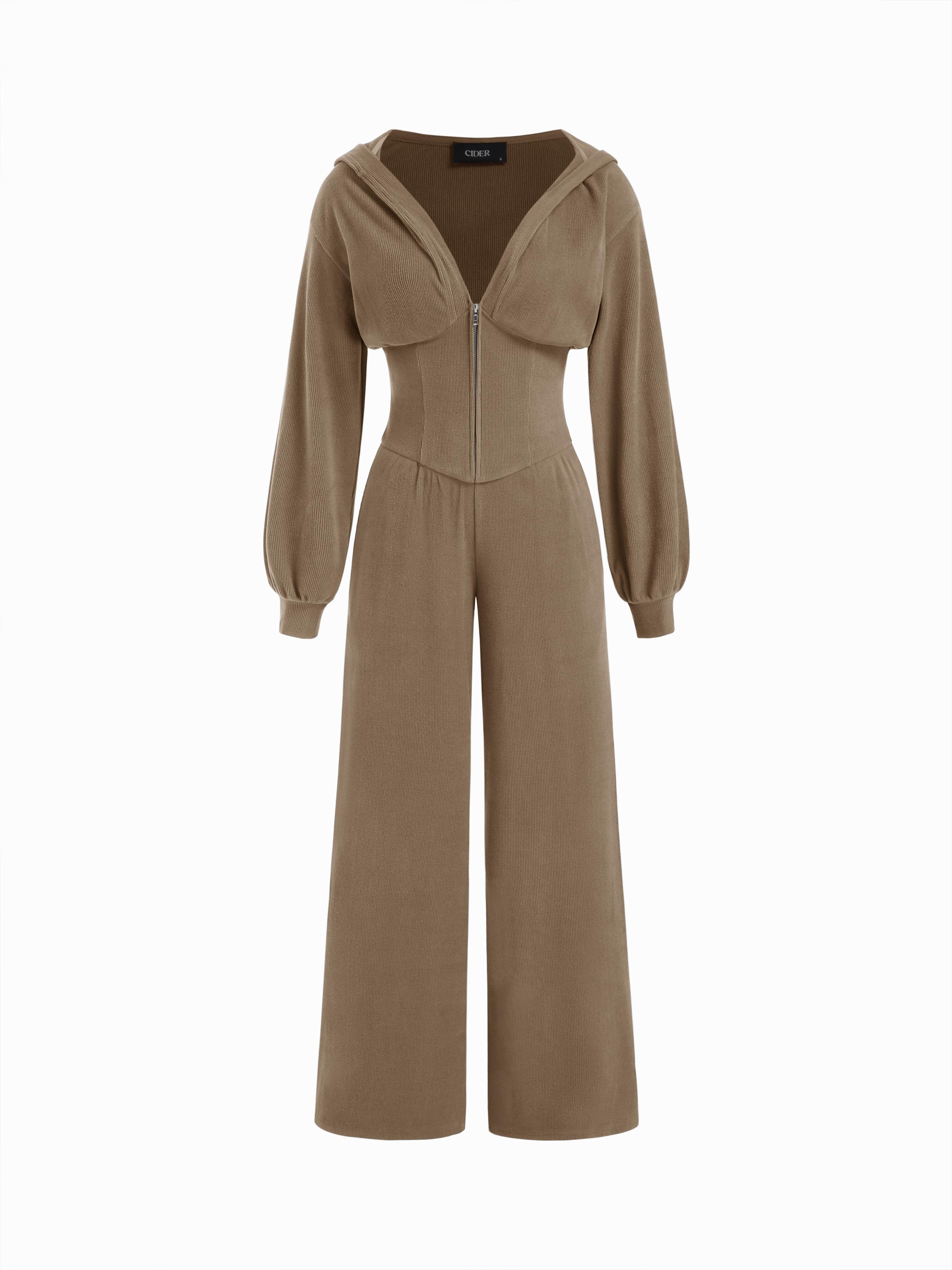 Jersey Hooded Cinched Waist Zipper Jumpsuit by CIDER