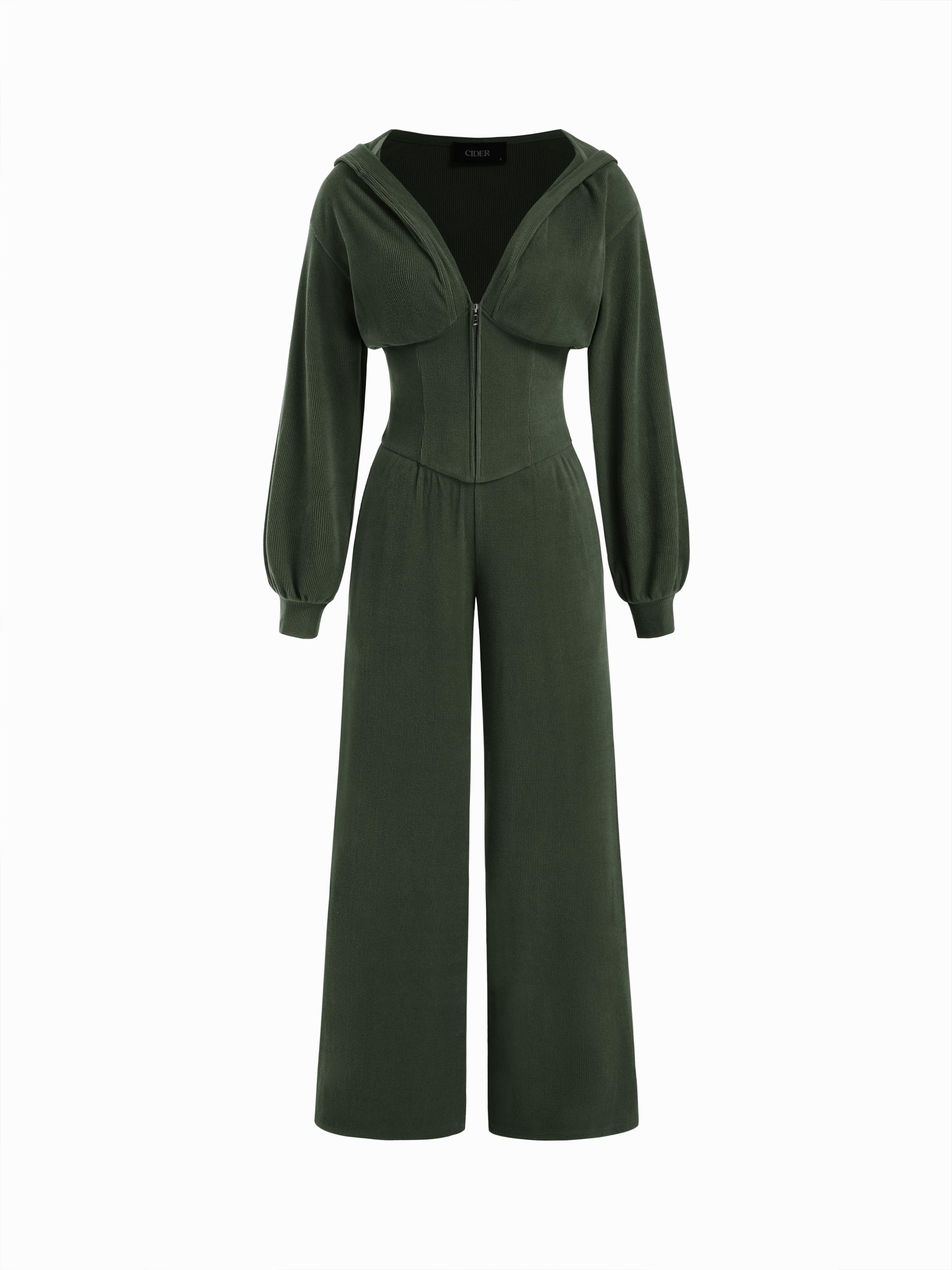 Jersey Hooded Cinched Waist Zipper Jumpsuit by CIDER