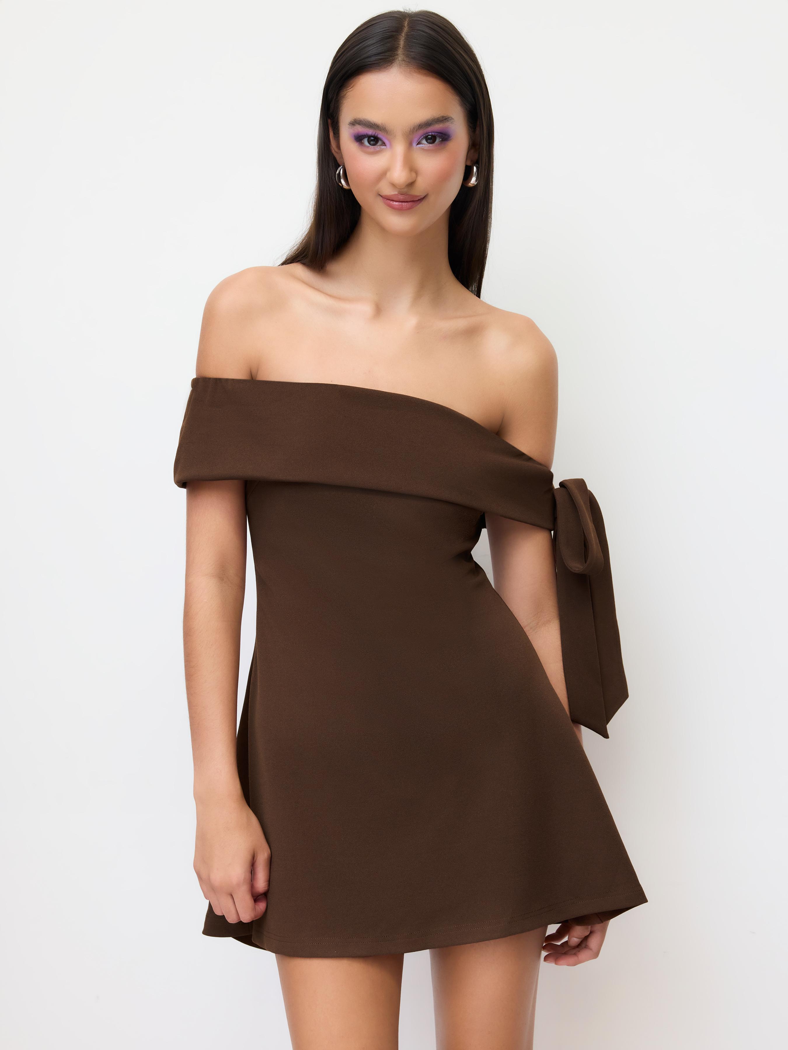 Jersey Off-shoulder Short Sleeve Bowknot Mini Dress by CIDER