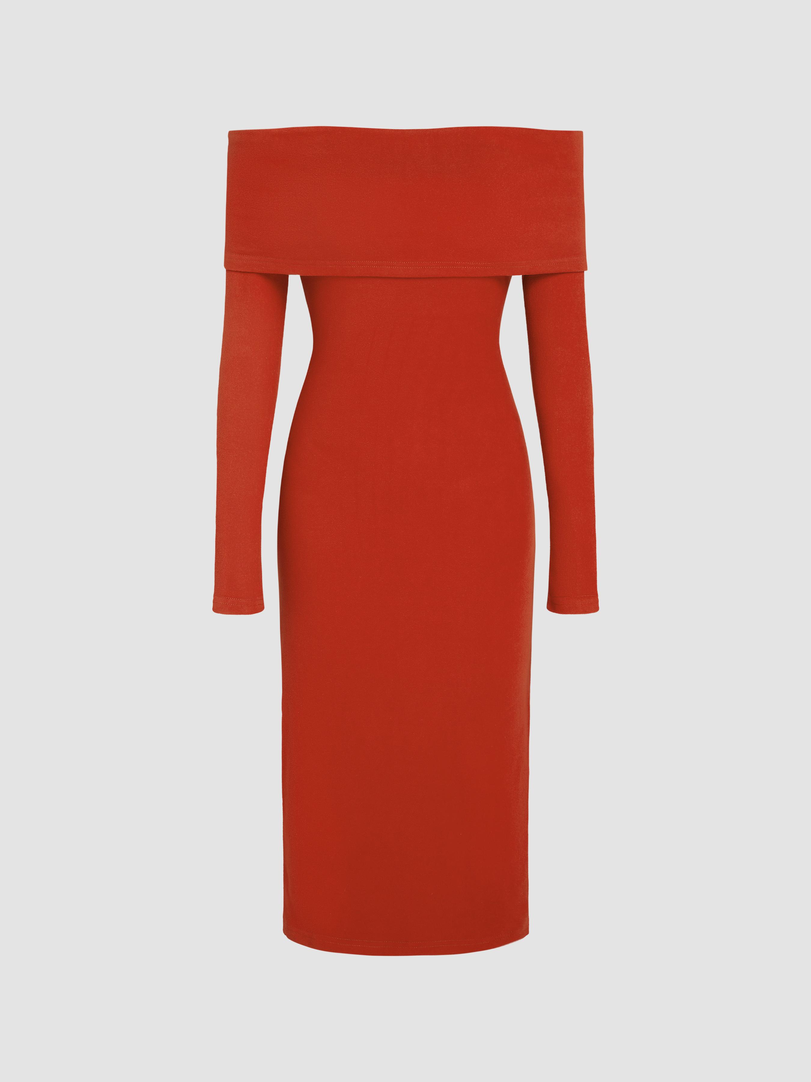 Jersey Off-shoulder Solid Split Midi Dress by CIDER