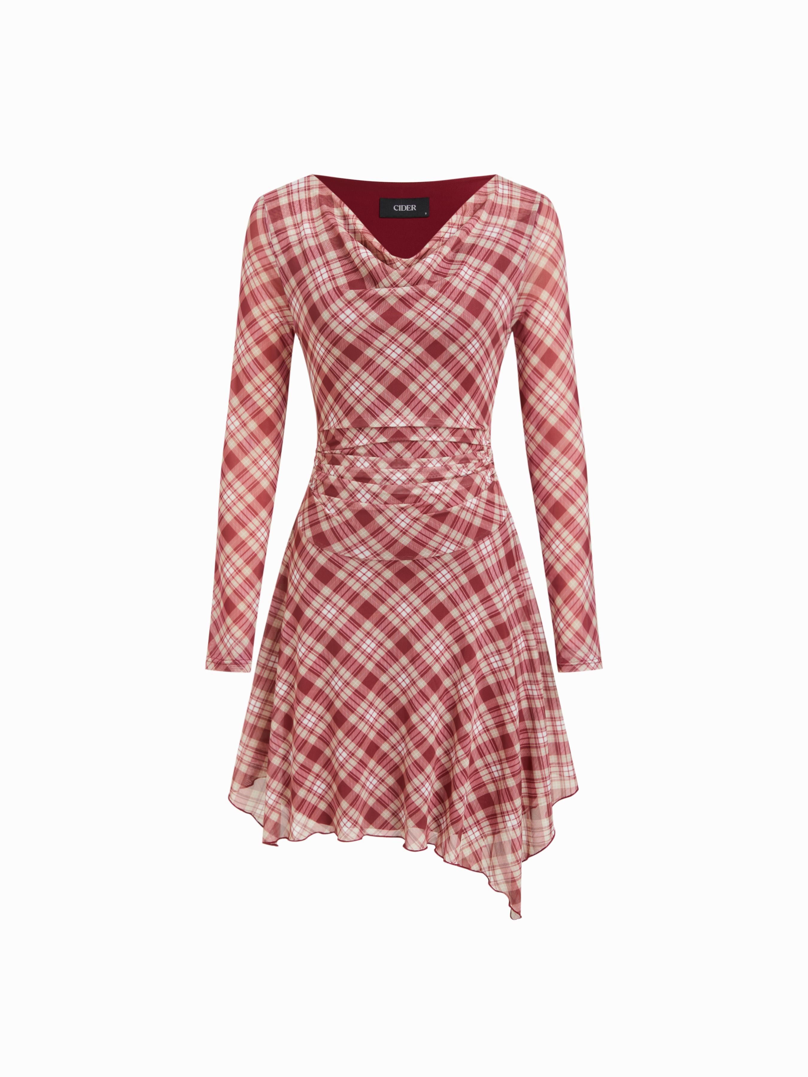 Jersey Plaid Cowl Neck Ruched Ruffle Hem Mini Babydoll Dress by CIDER