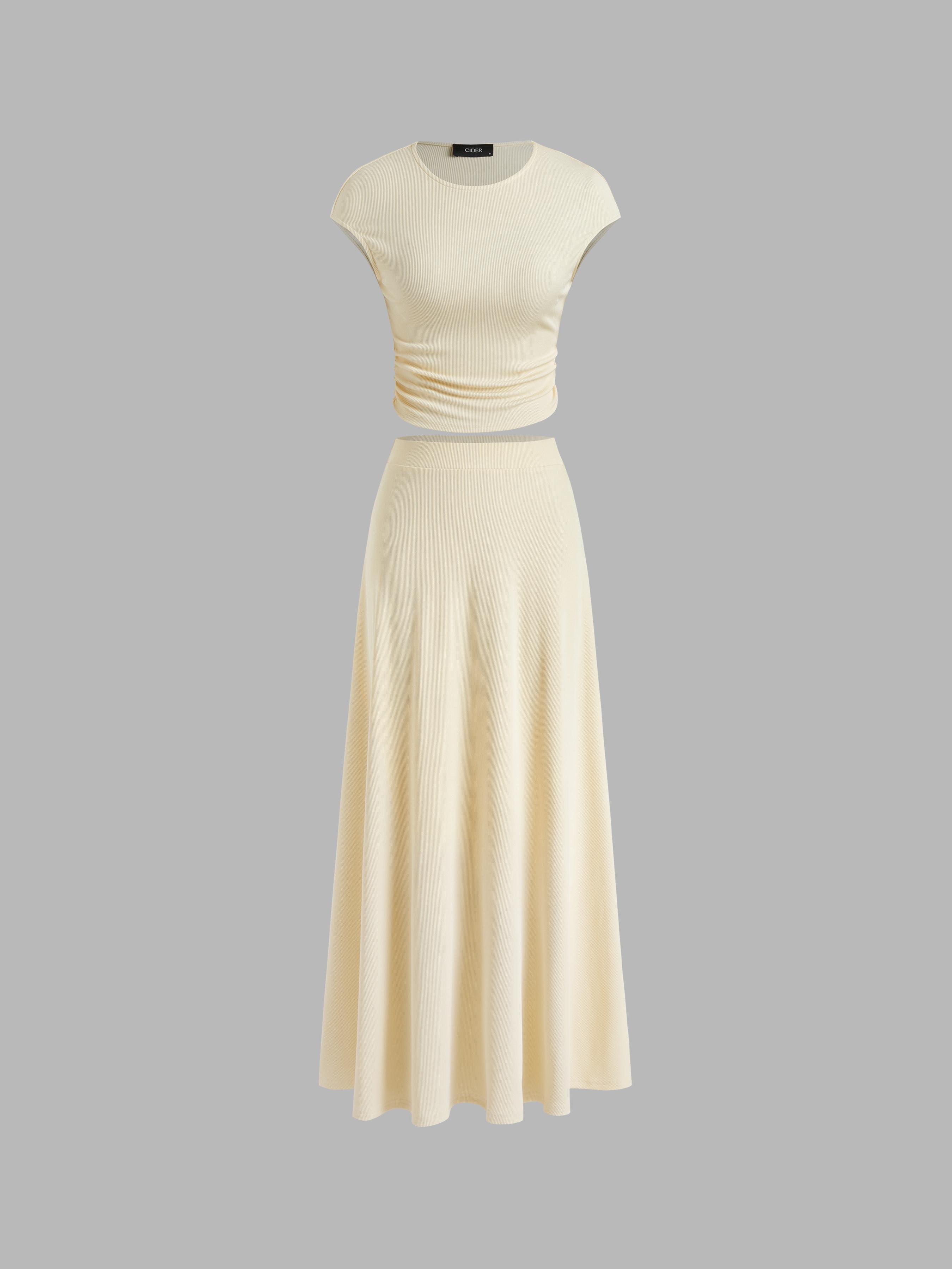 Jersey Round Neckline Ruched Top & Elastic Waist Maxi Skirt Set by CIDER