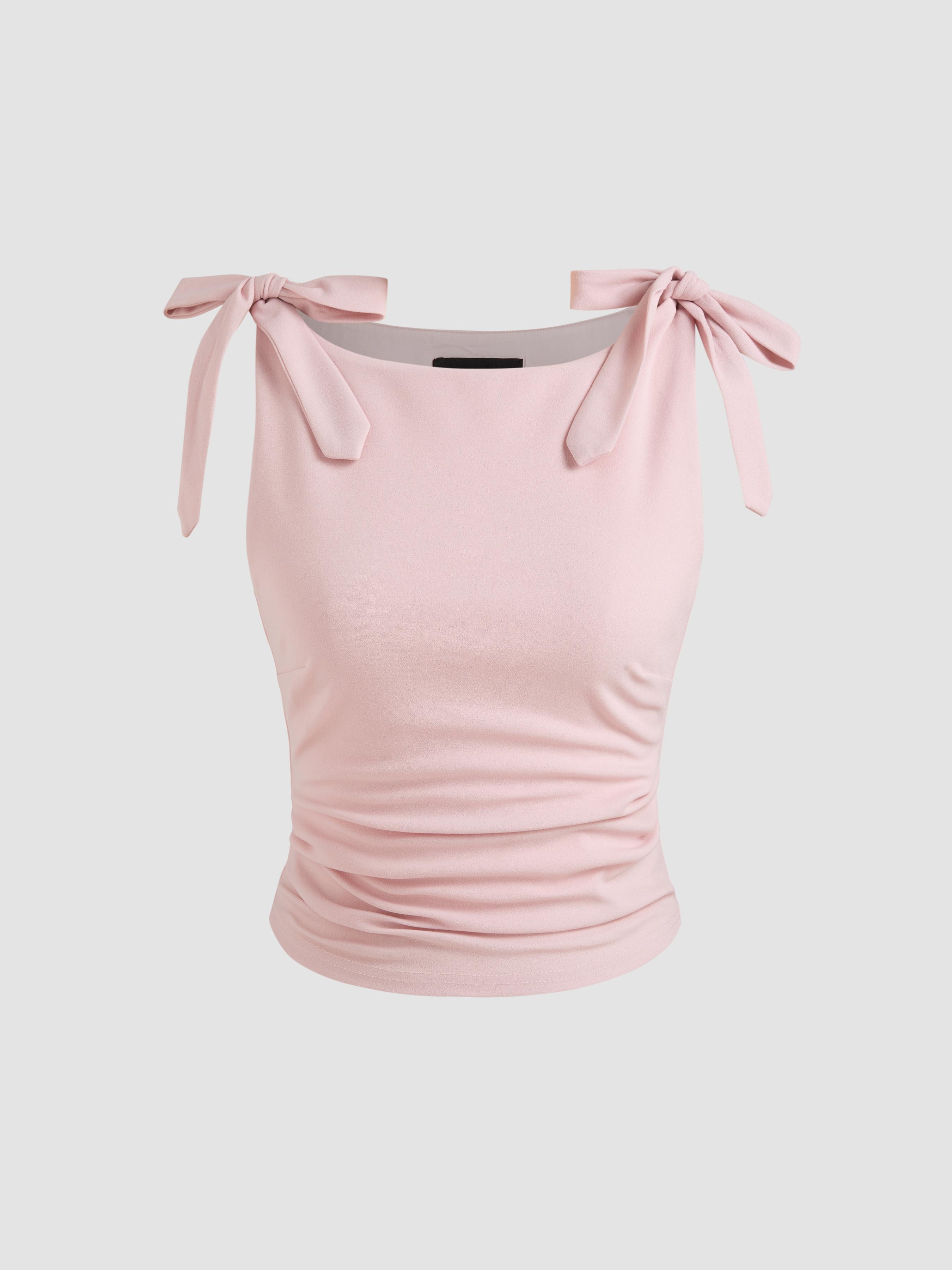 Jersey Scoop Neckline Solid Bowknot Ruched Crop Tank Top by CIDER