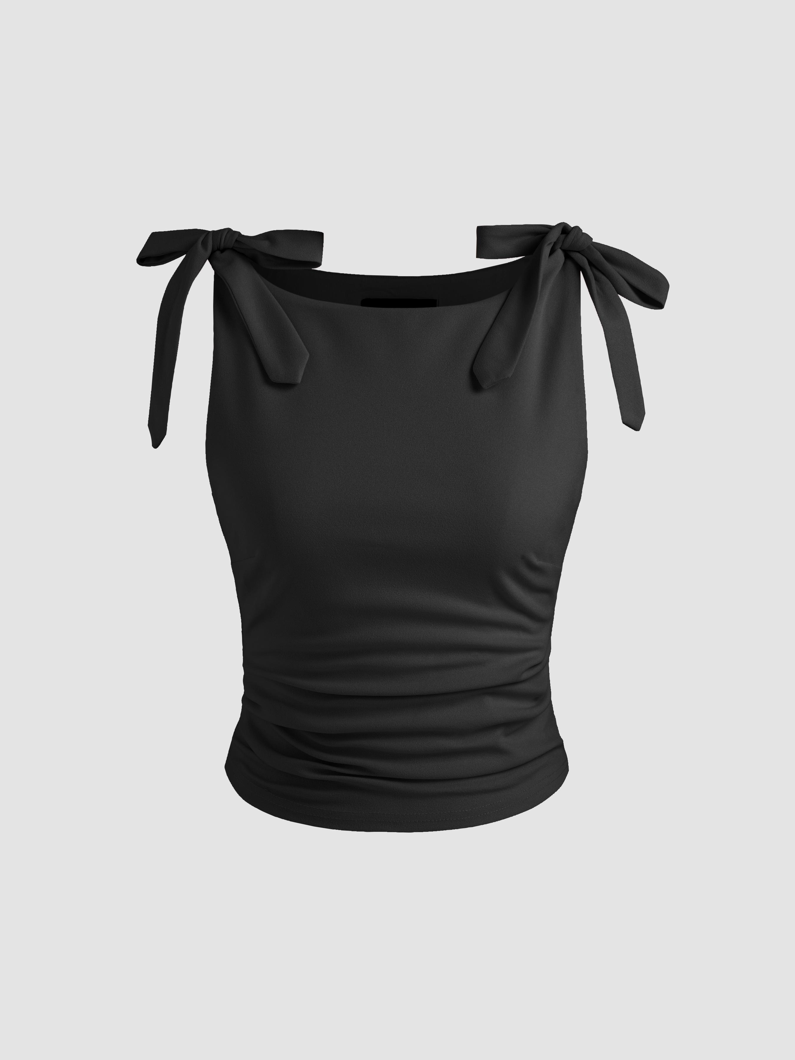 Jersey Scoop Neckline Solid Bowknot Ruched Crop Tank Top by CIDER