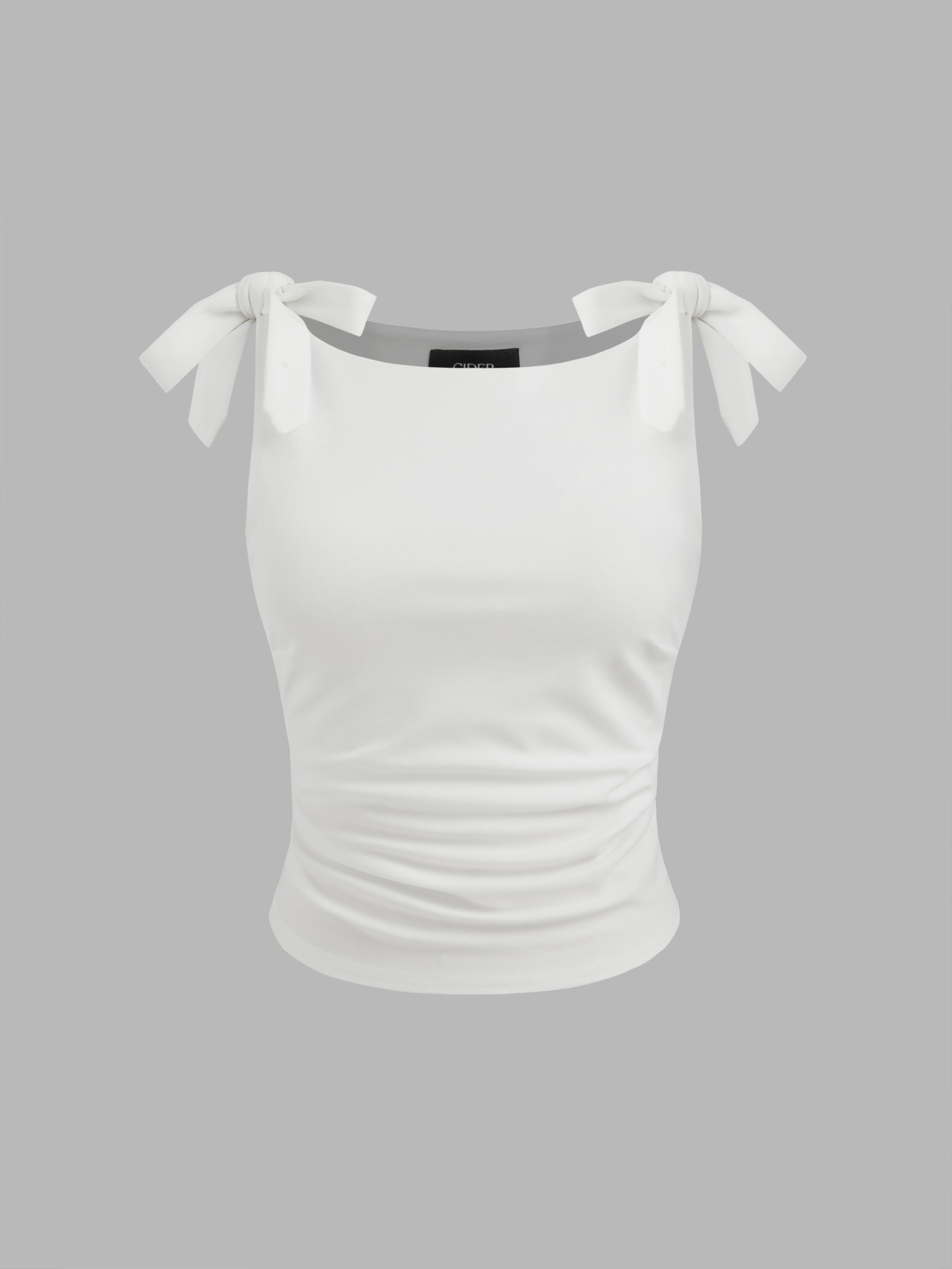 Jersey Scoop Neckline Solid Bowknot Ruched Crop Tank Top by CIDER