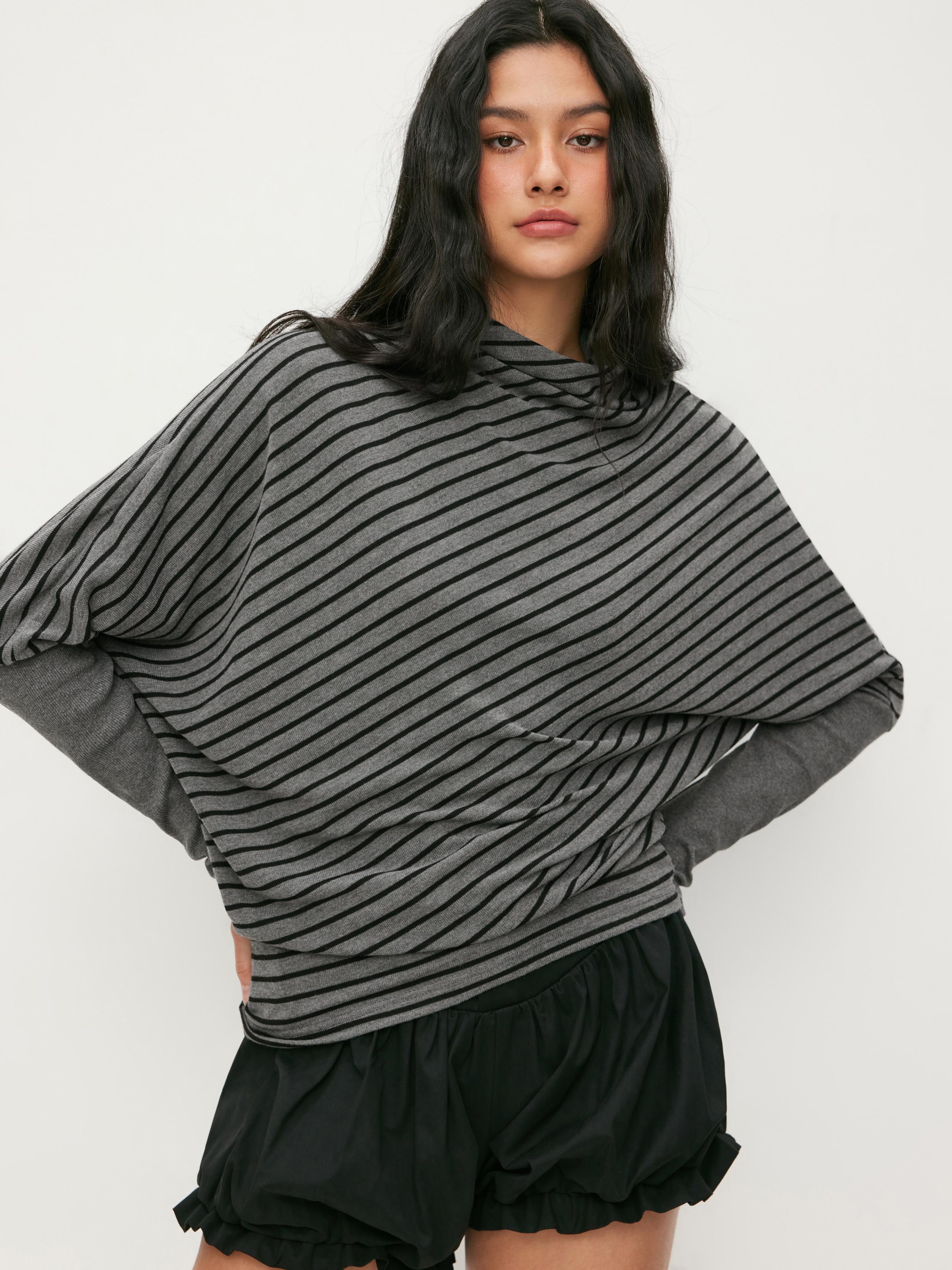 Jersey Striped Turtleneck Batwing Sleeve Oversized Sweatshirt by CIDER