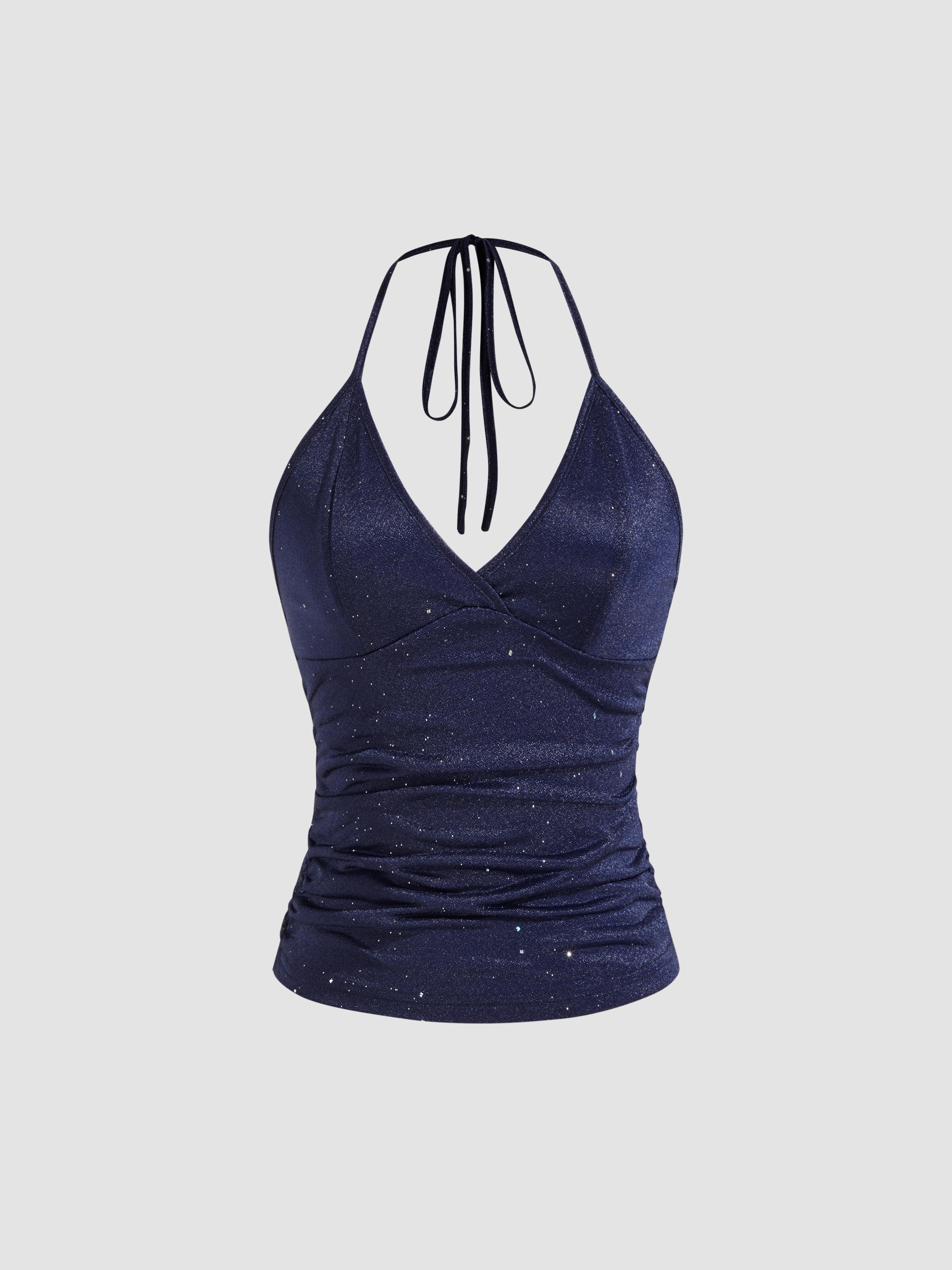 Jersey V-neck Knotted Ruched Glitter Cami Top by CIDER