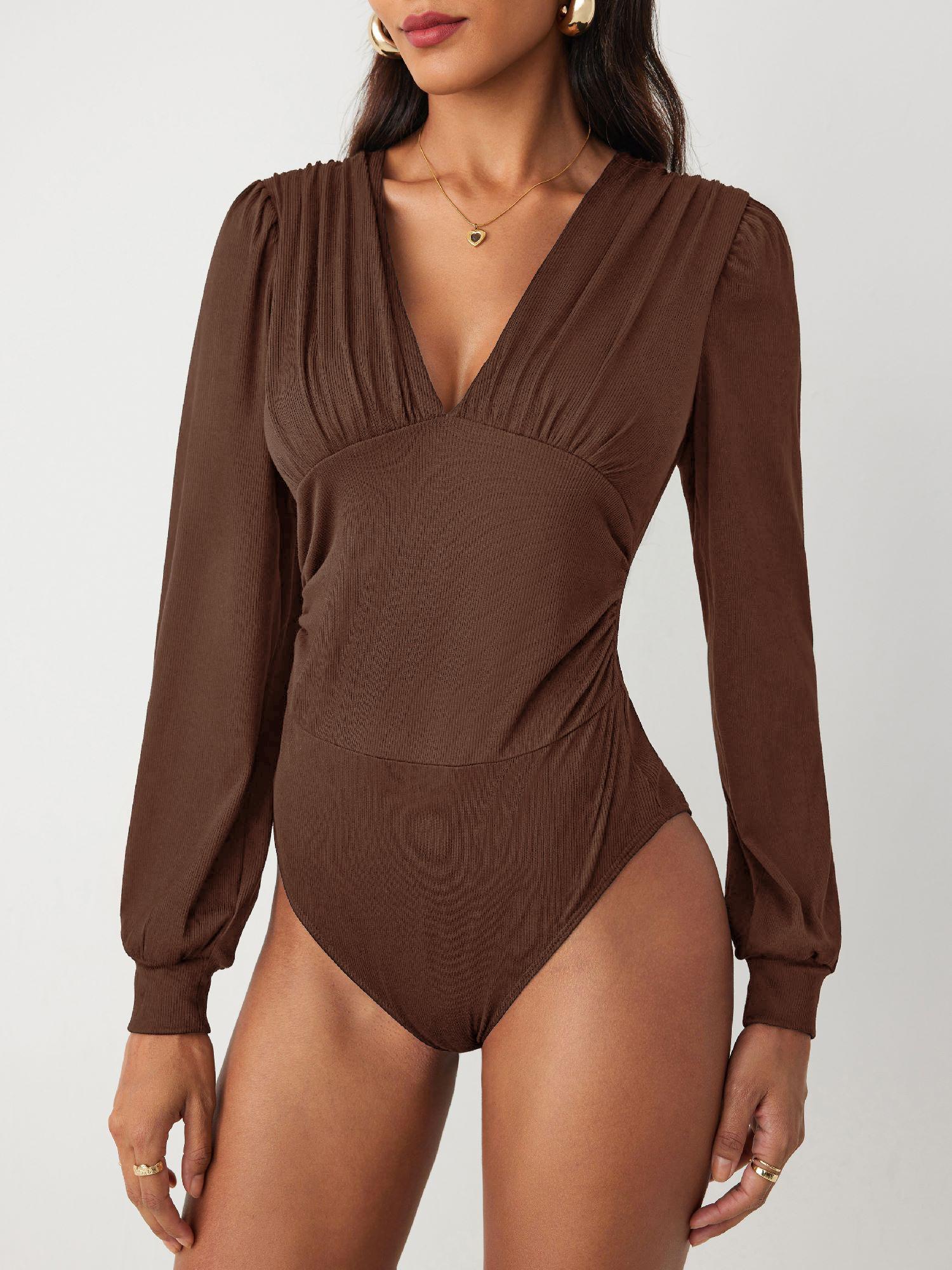 Jersey V-neck Solid Ruched Bodysuit by CIDER