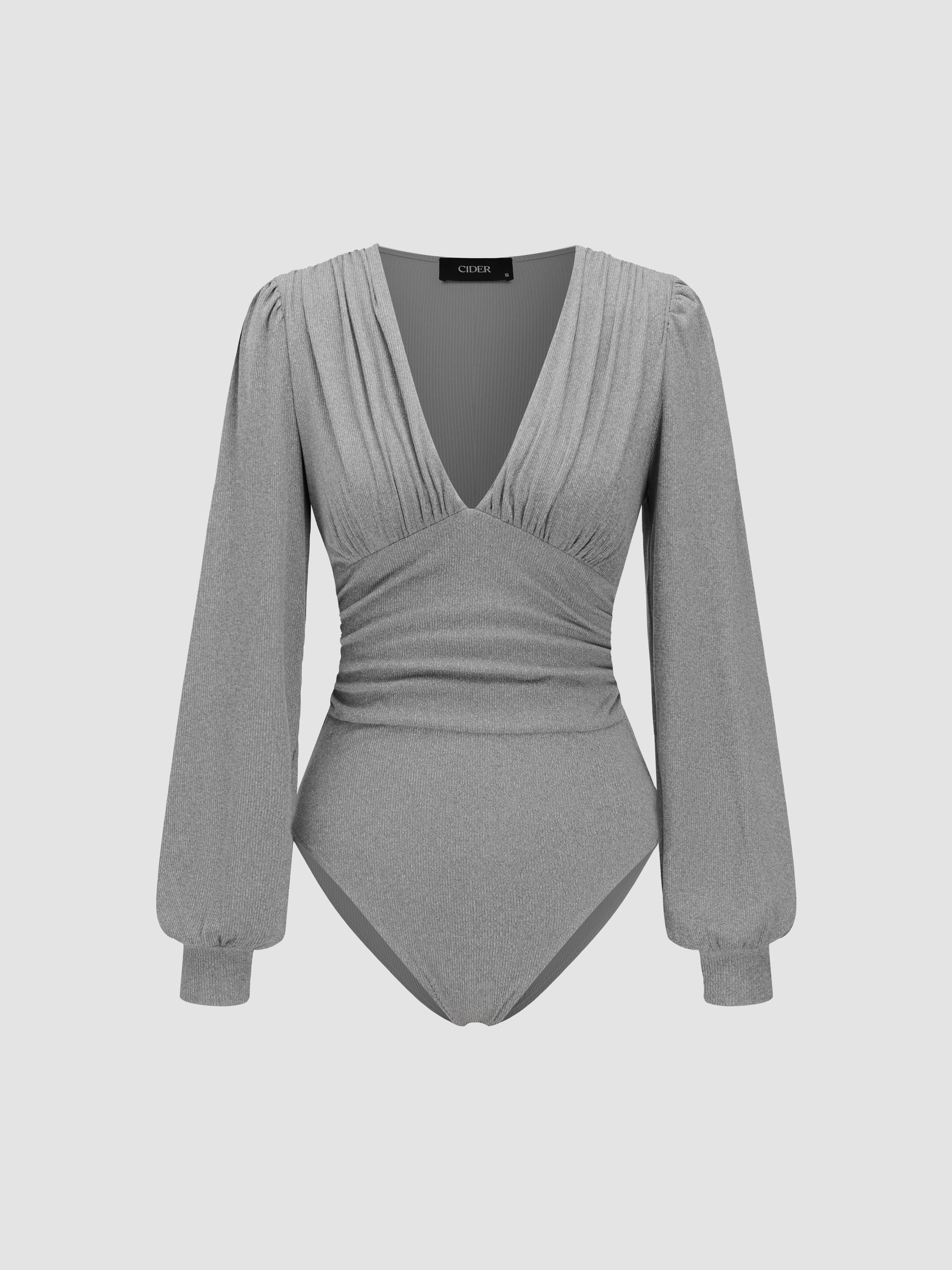 Jersey V-neck Solid Ruched Bodysuit by CIDER