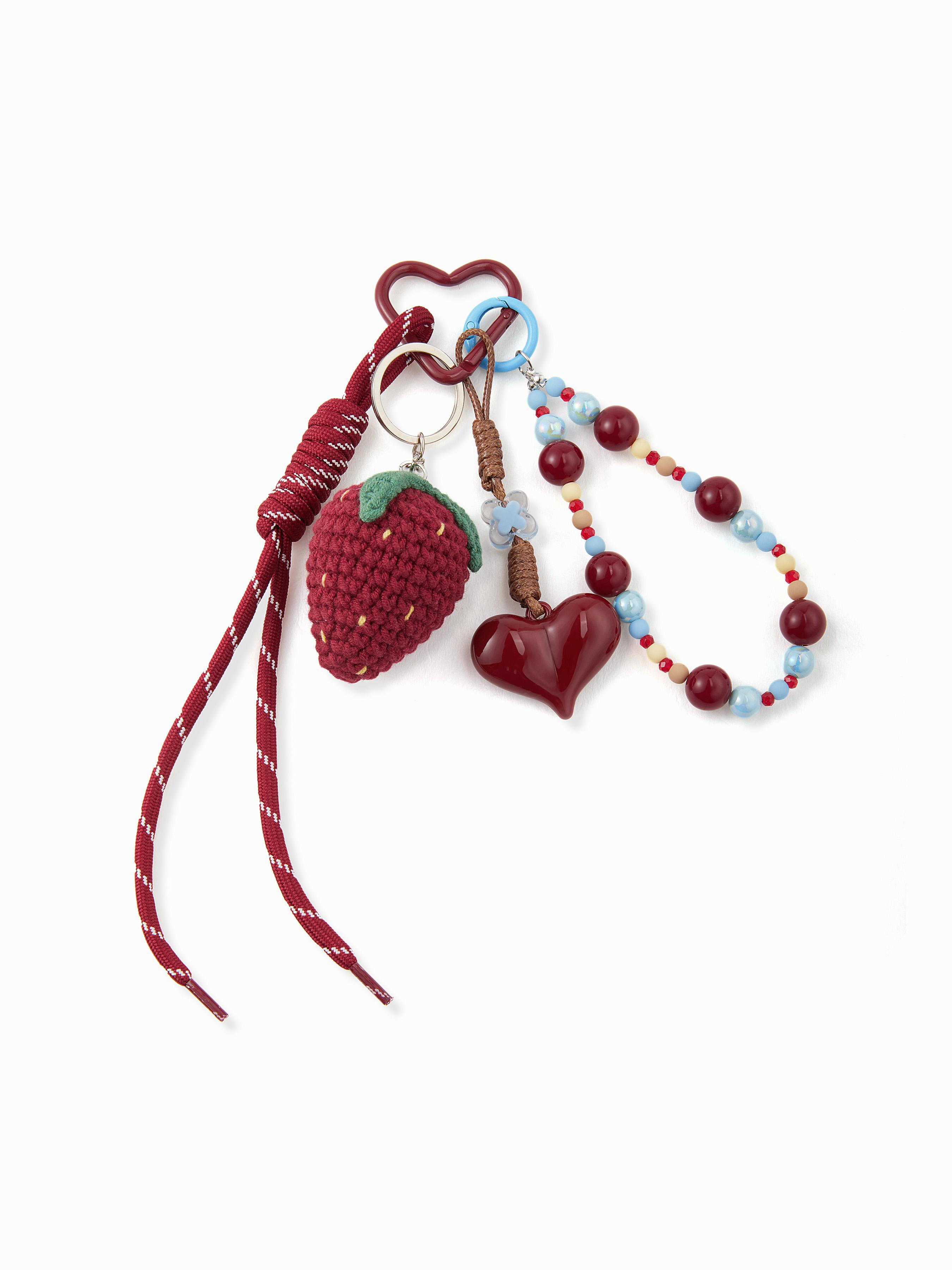 KNITTED STRAWBERRY & HEART & BEADED KEYCHAIN by CIDER