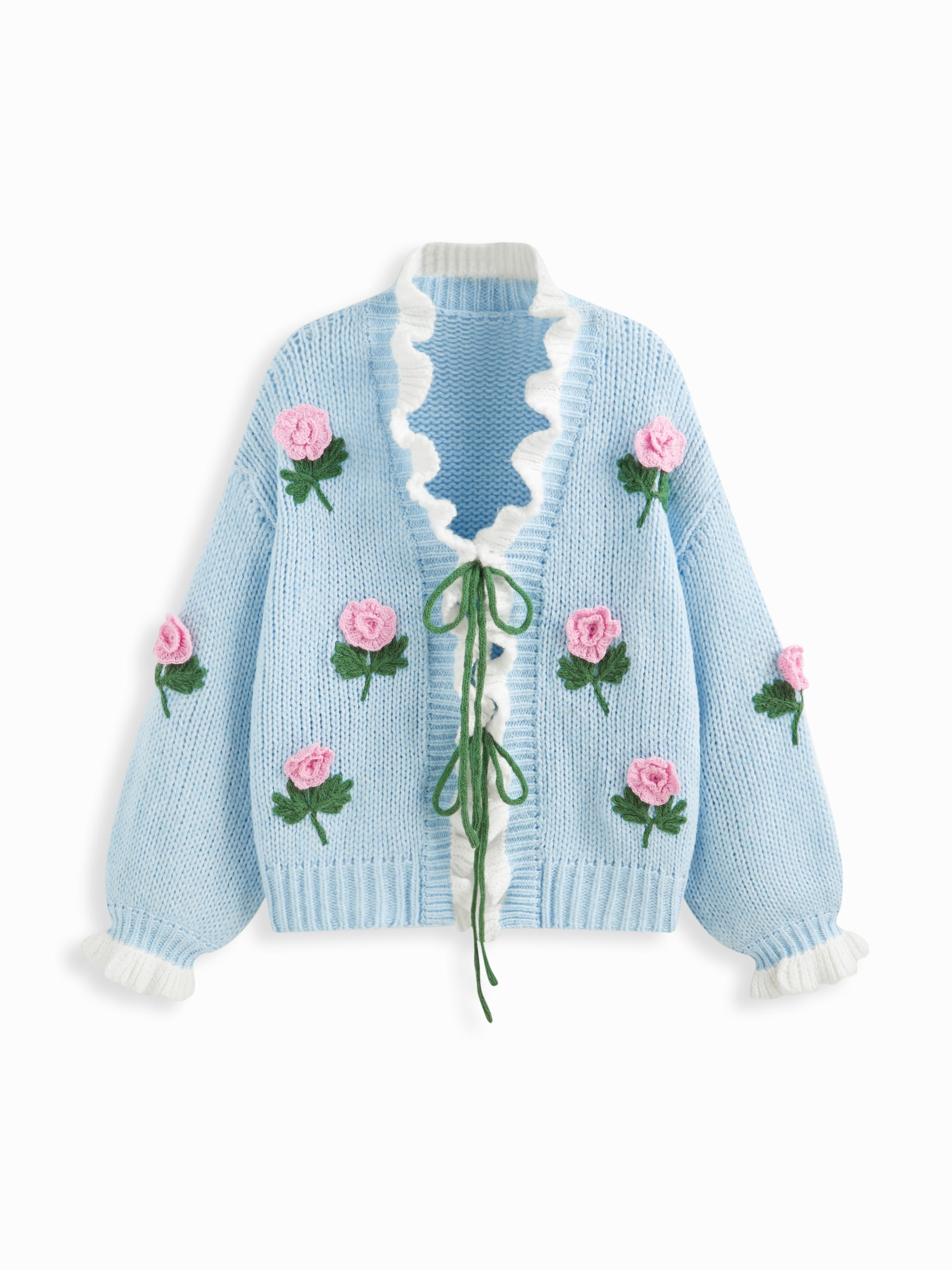 Knit 3D Floral V-neck Knotted Ruffle Trim Oversized Cardigan by CIDER