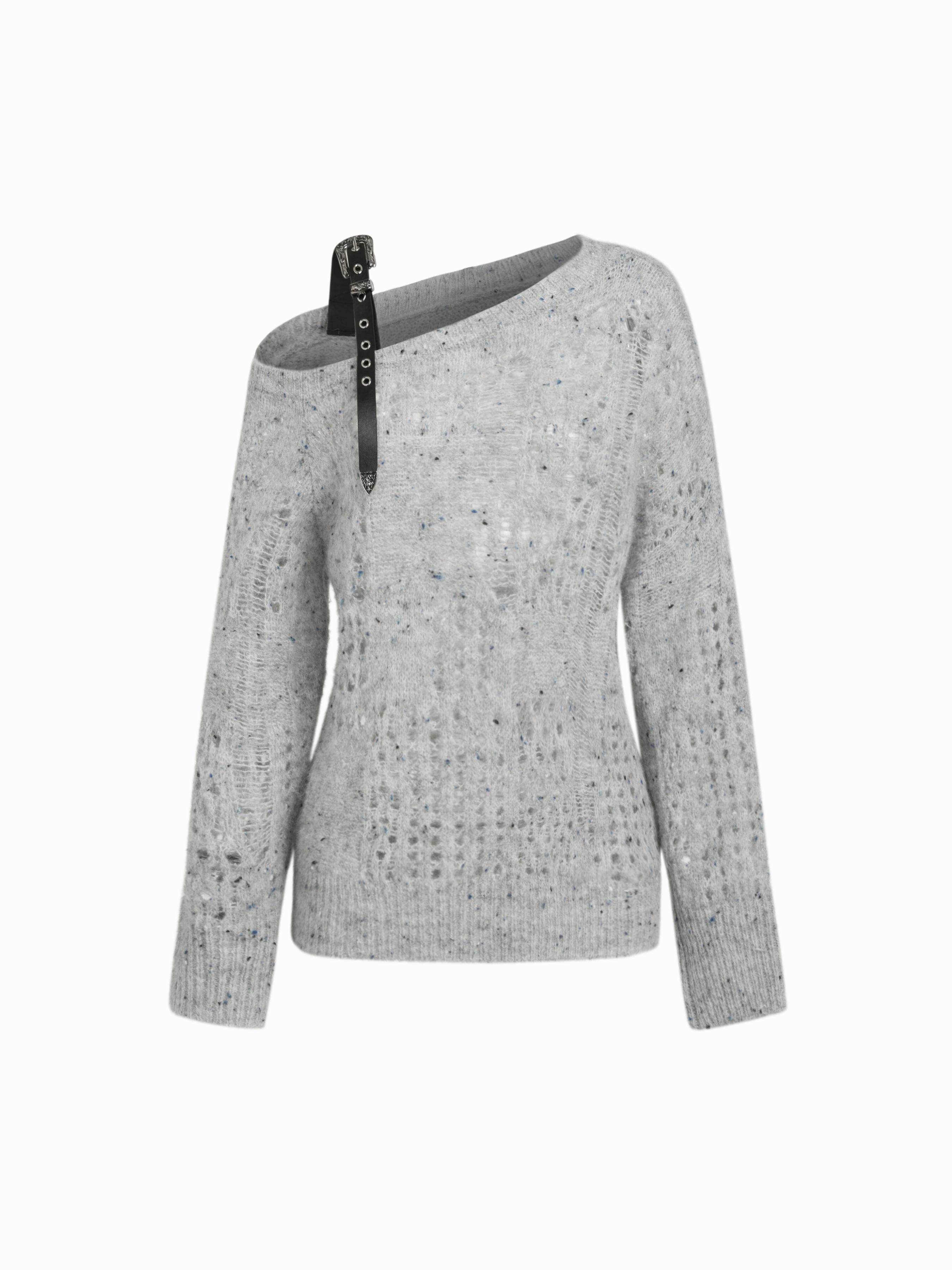 Knit Asymmetrical Neck Buckle Long Sleeve Oversized Top by CIDER