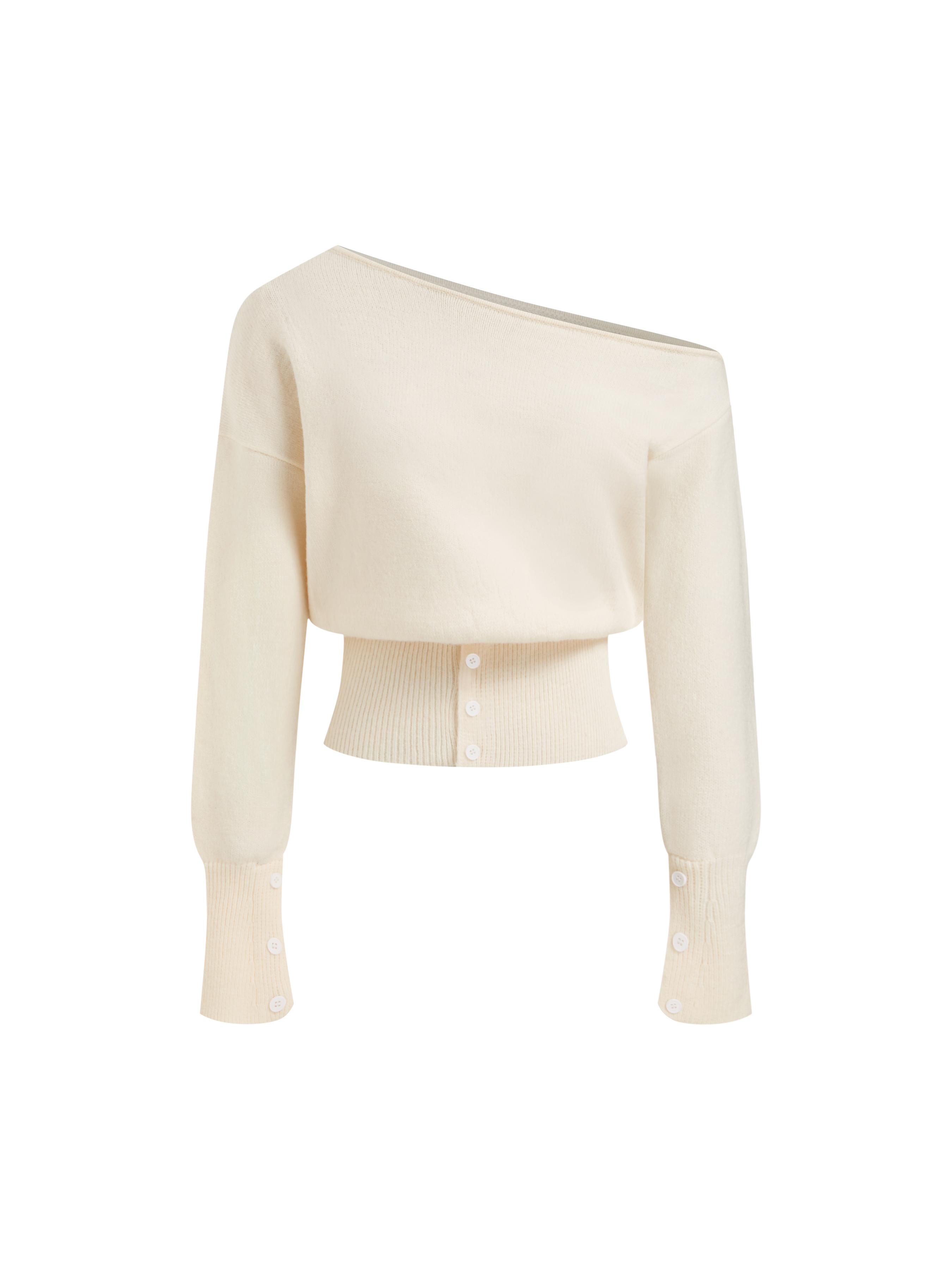 Knit Asymmetrical Neck Button Long Sleeve Top by CIDER