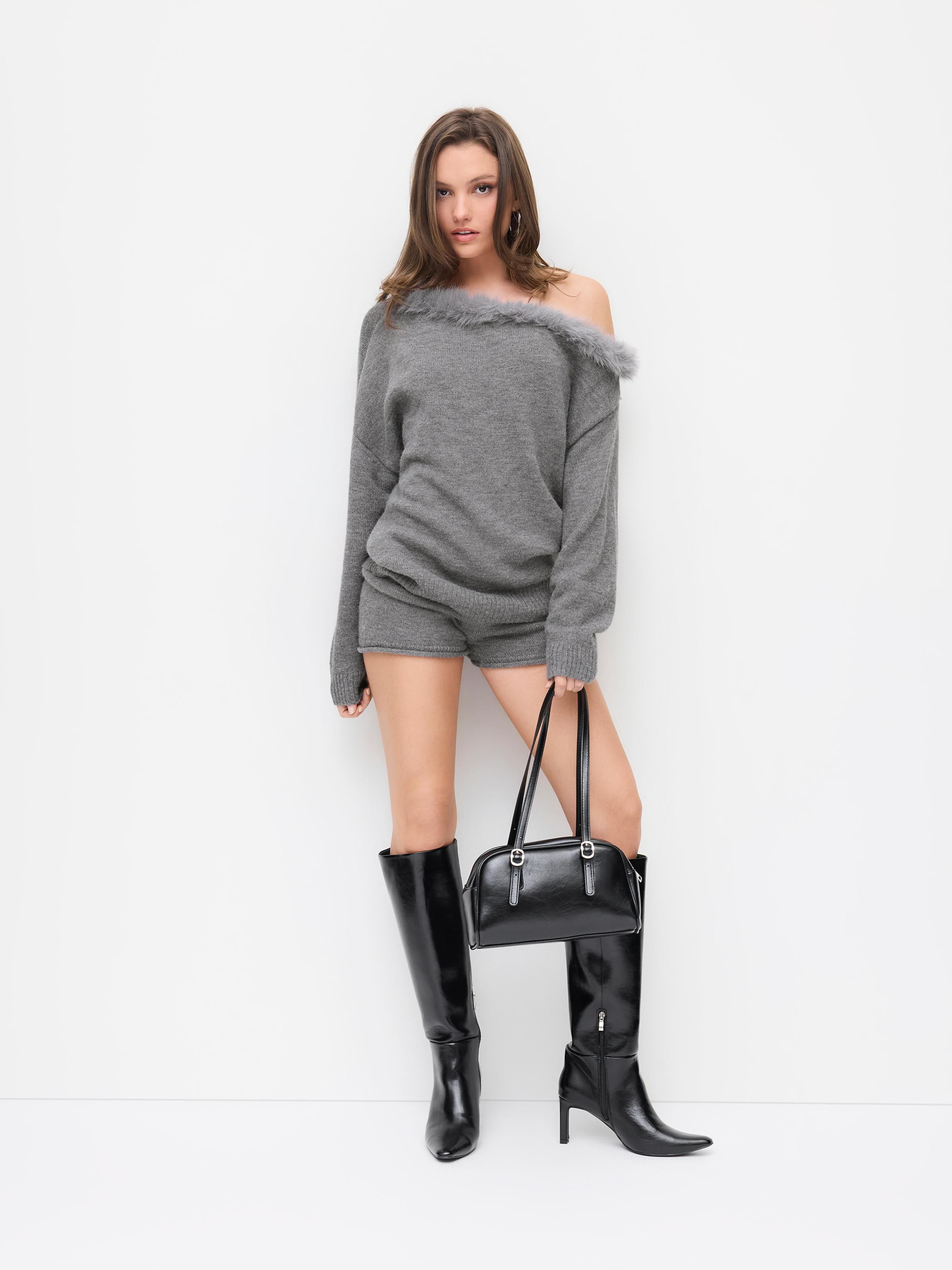 Knit Asymmetrical Neck Faux Fur Trim Oversized Top & Mid Rise Shorts Set by CIDER