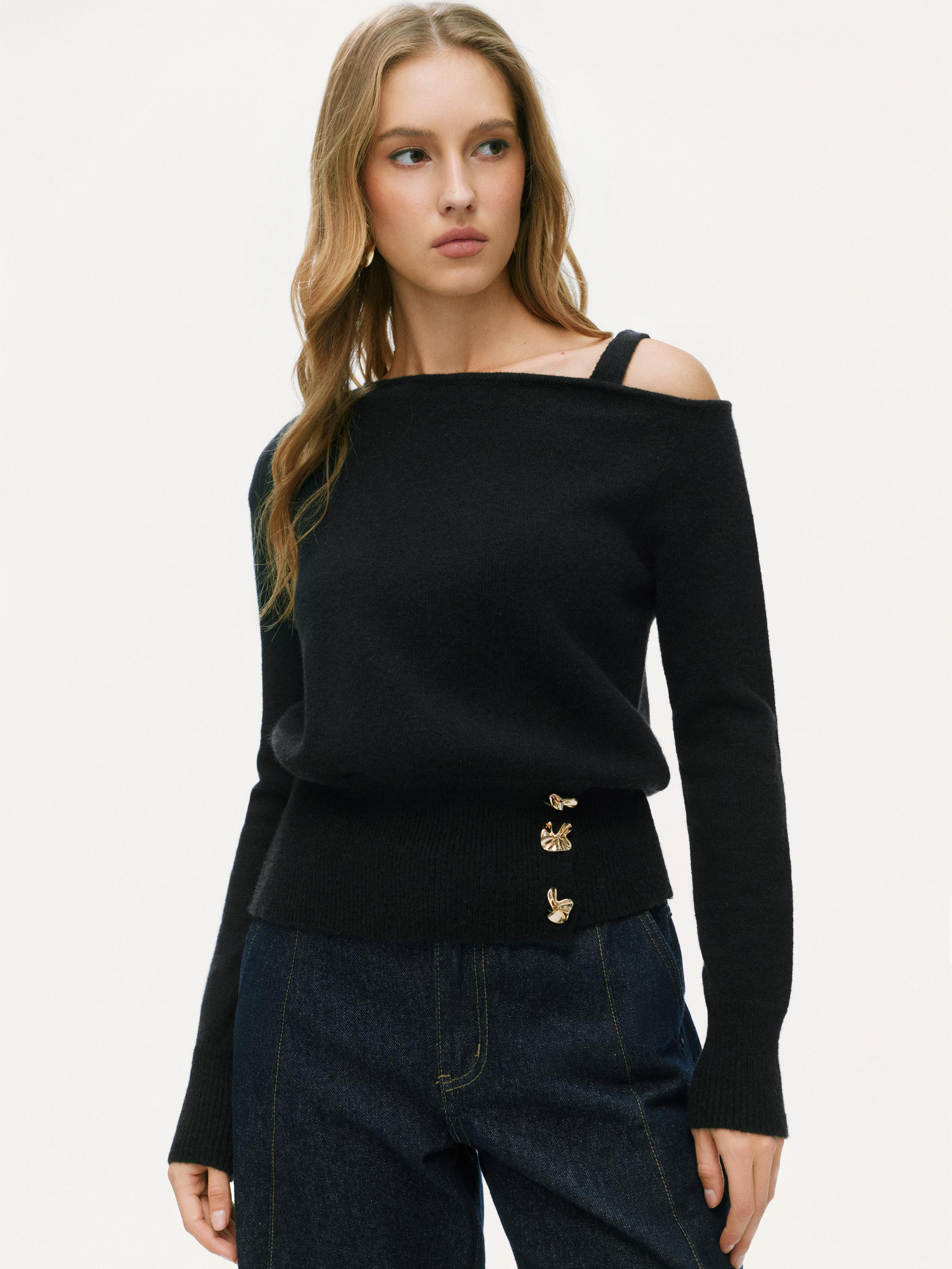 Knit Asymmetrical Neck Long Sleeve Metal Button Top by CIDER
