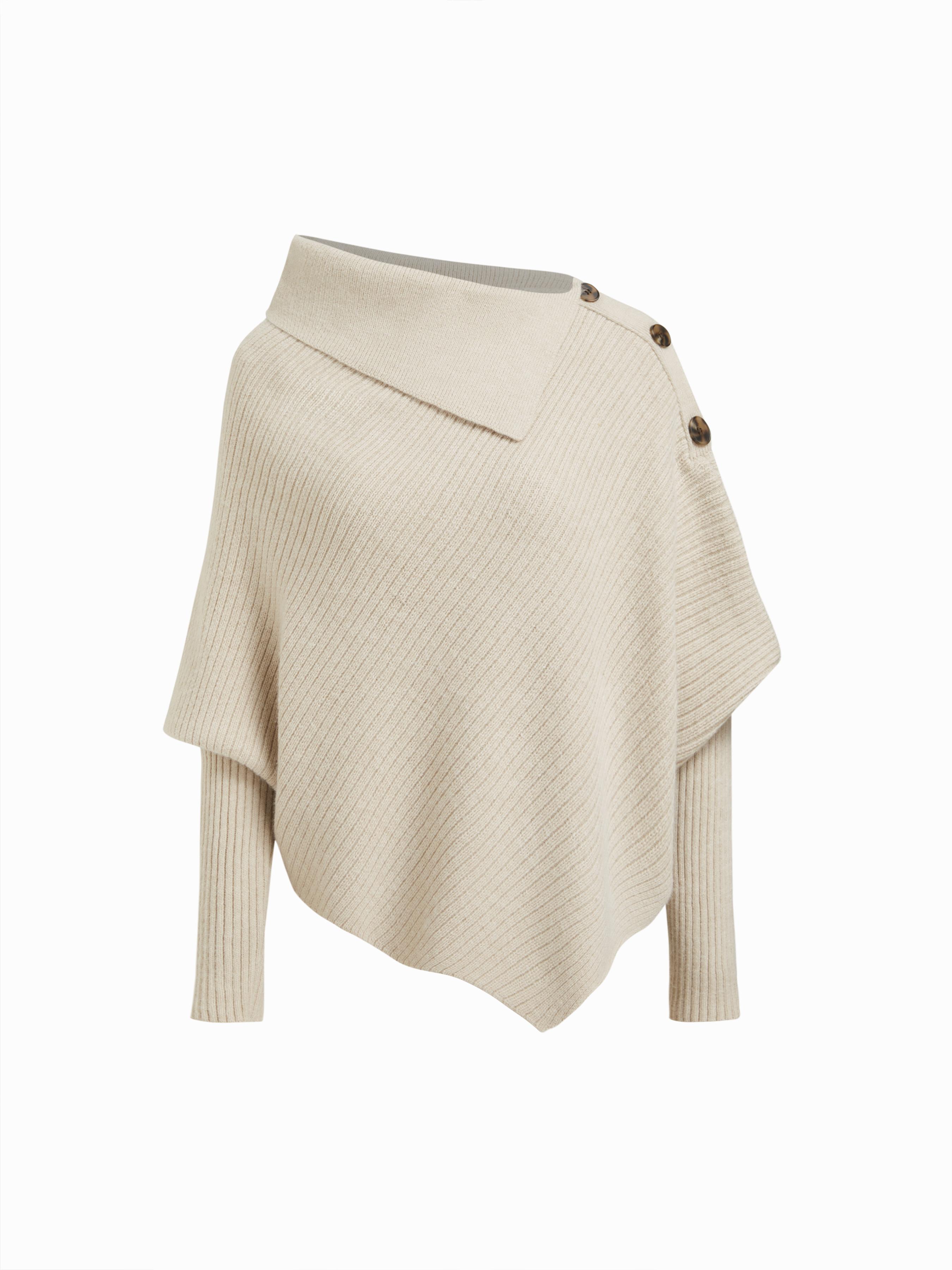 Knit Asymmetrical Neck Poncho Long Sleeve Sweater by CIDER