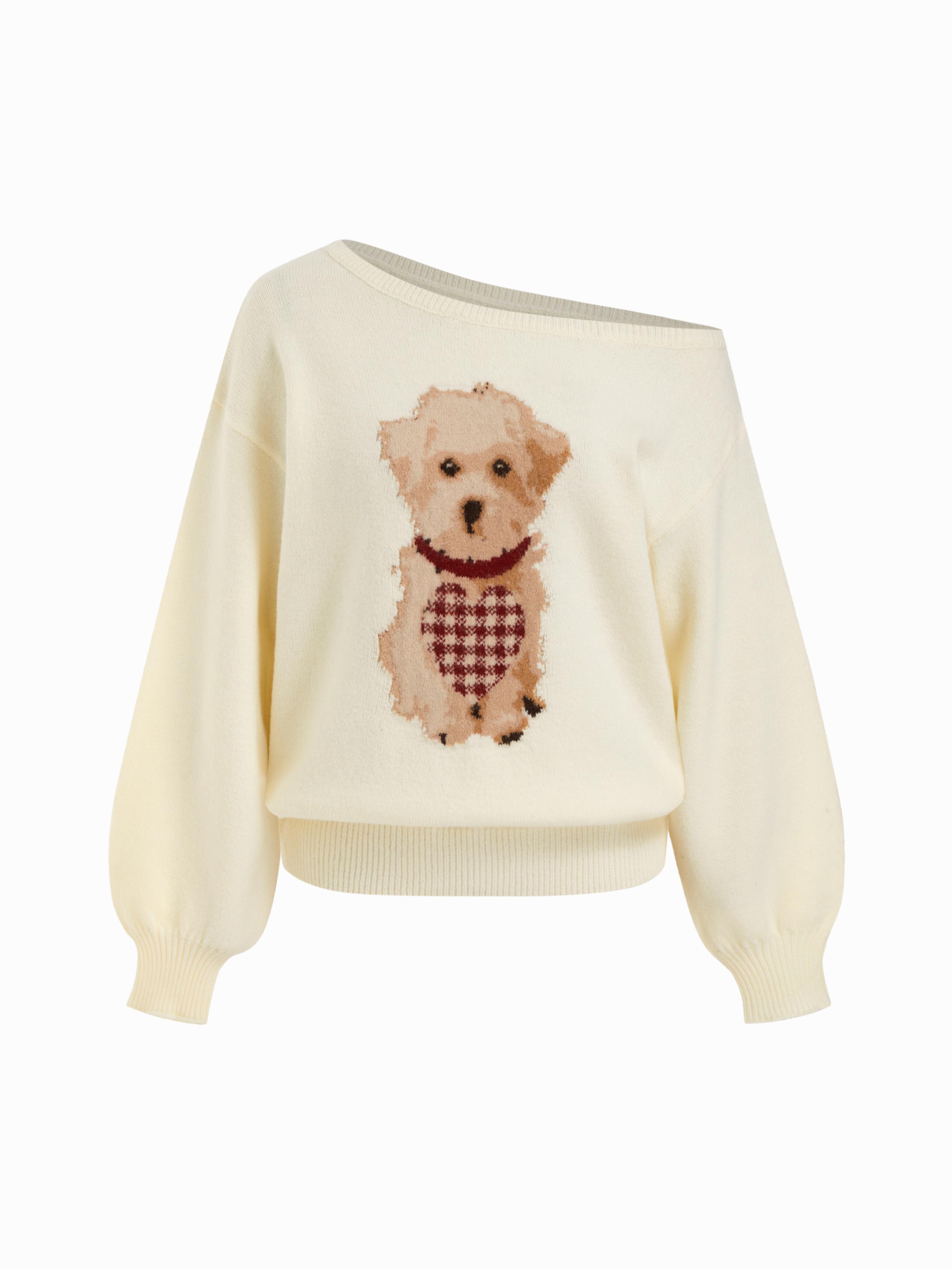 Knit Asymmetrical Neck Puppy Pattern Top by CIDER
