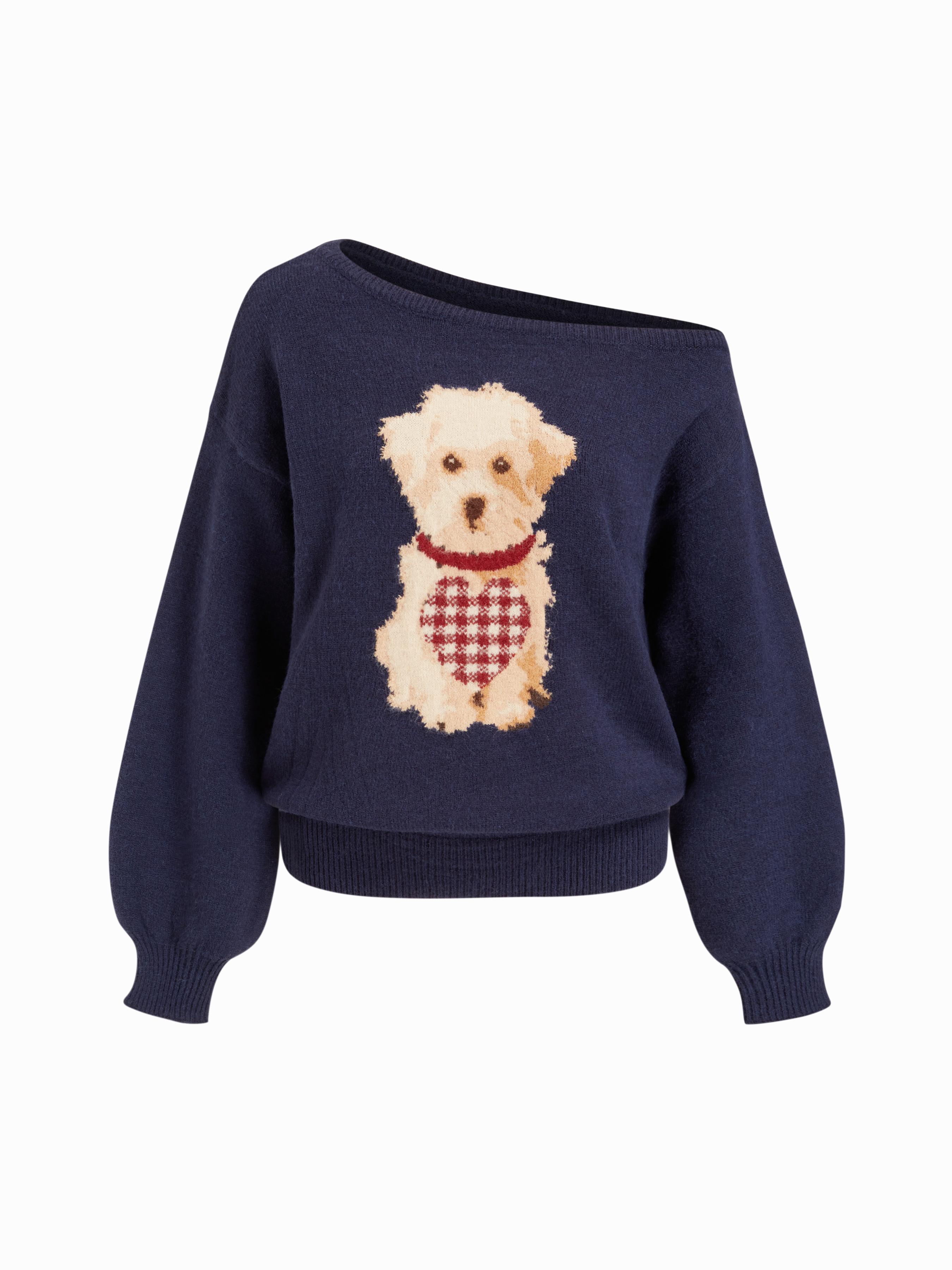 Knit Asymmetrical Neck Puppy Pattern Top by CIDER