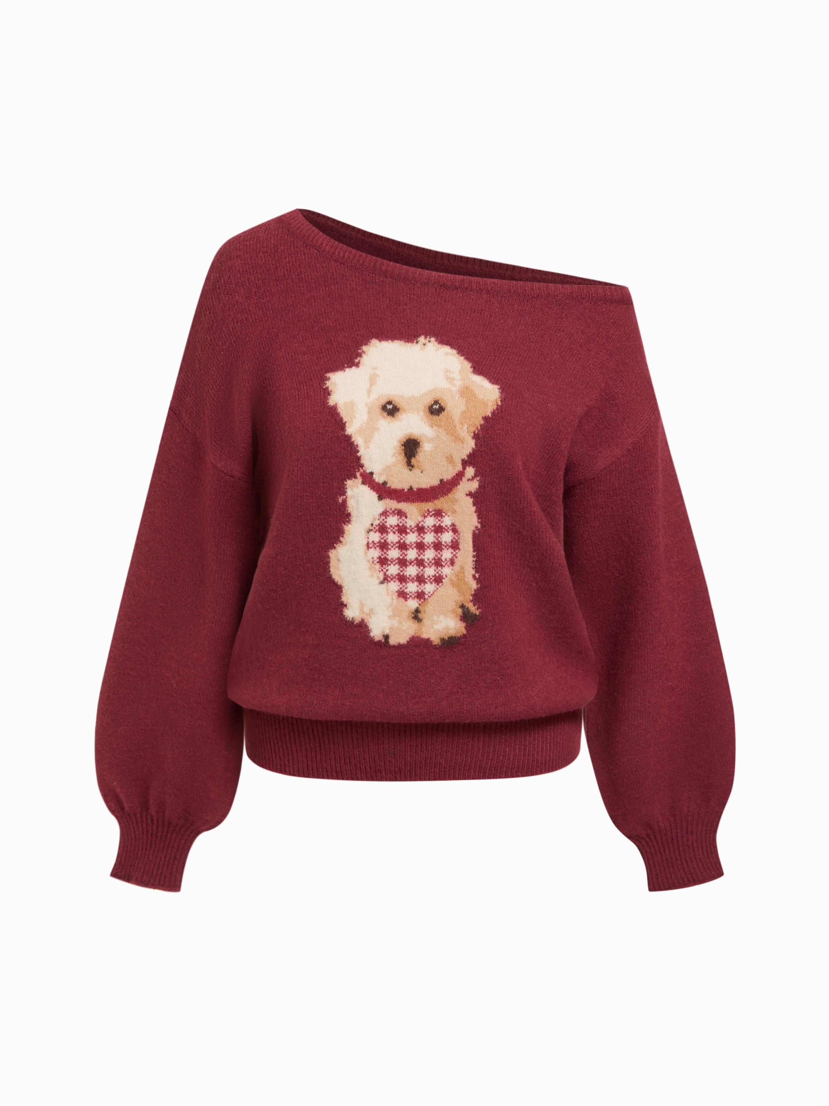 Knit Asymmetrical Neck Puppy Pattern Top by CIDER