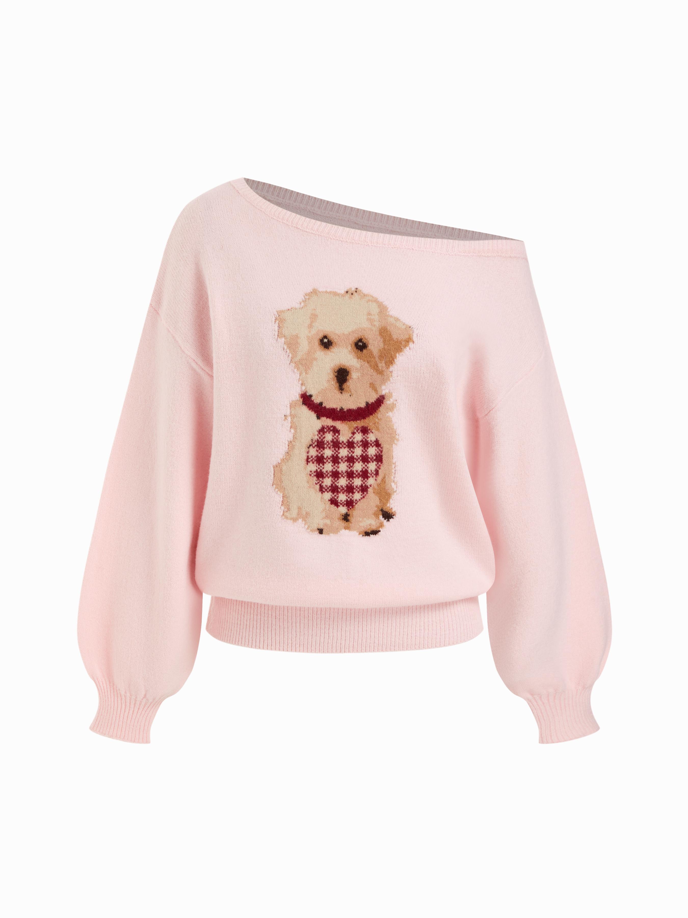 Knit Asymmetrical Neck Puppy Pattern Top by CIDER