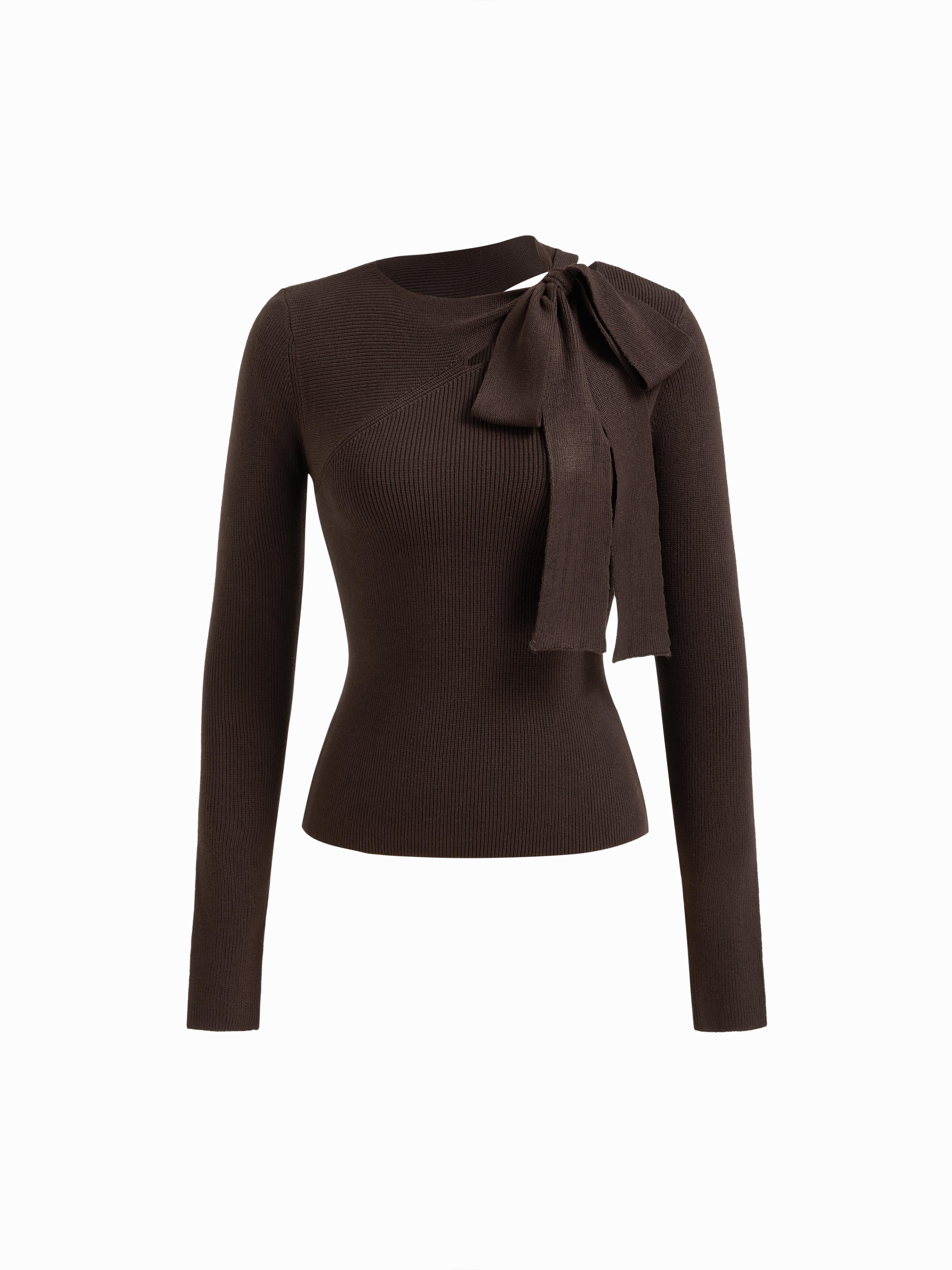 Knit Asymmetrical Neck Solid Knotted Long Sleeve Top by CIDER