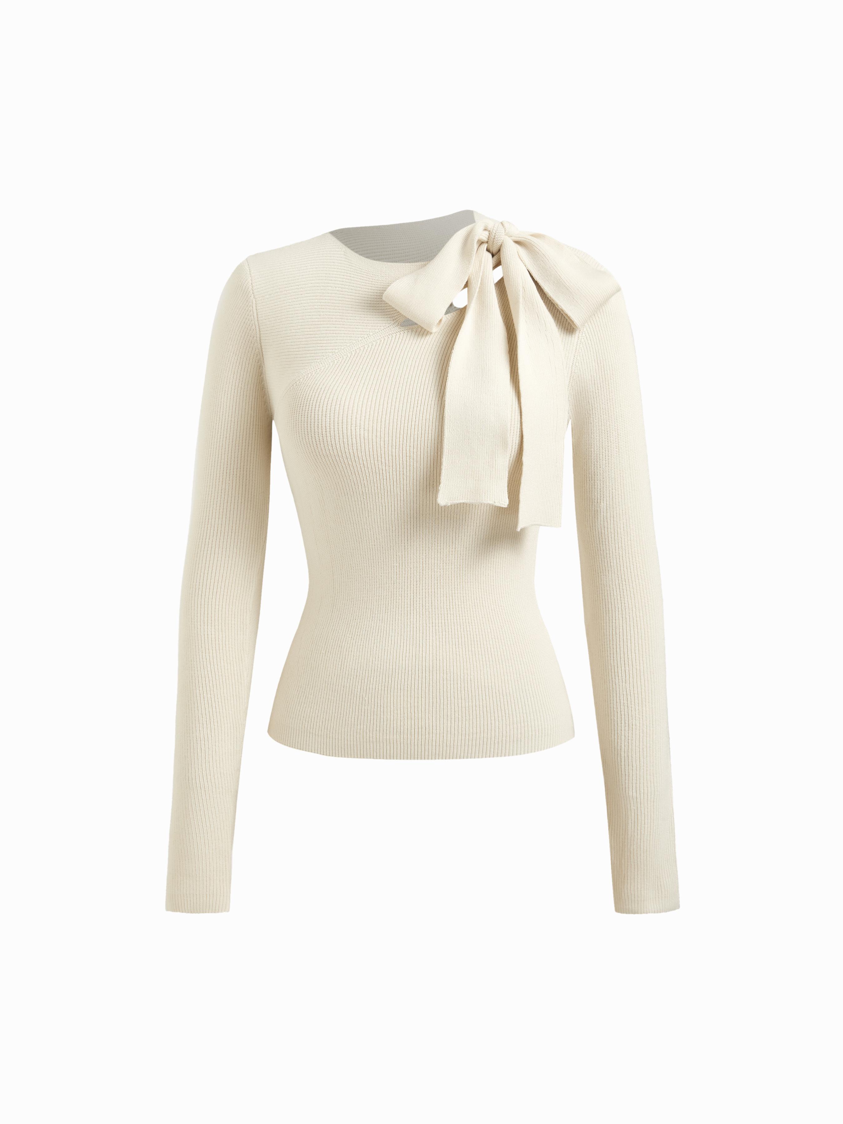 Knit Asymmetrical Neck Solid Knotted Long Sleeve Top by CIDER Knit Asymmetrical Neck Solid Knotted Long Sleeve Top by CIDER