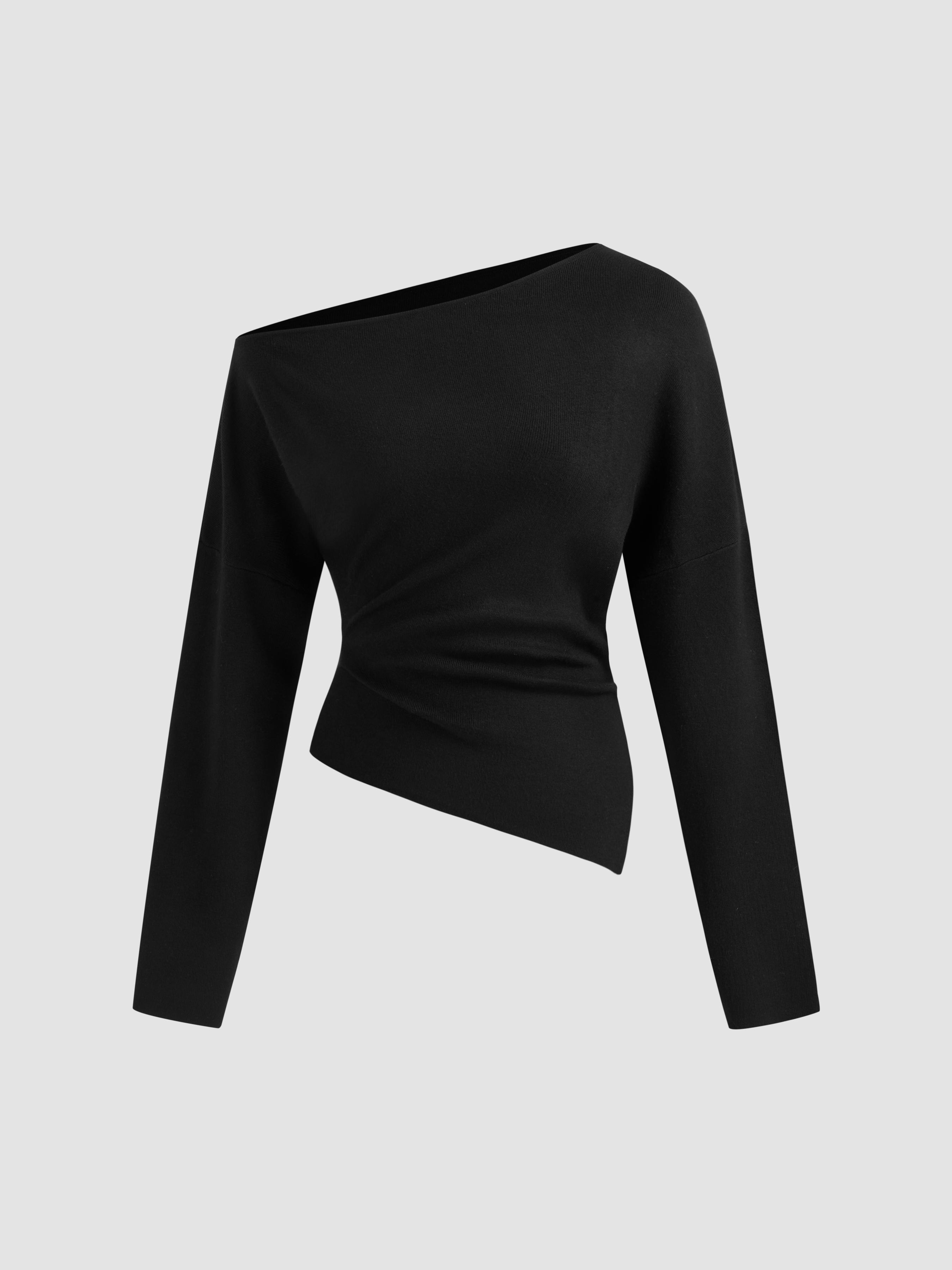 Knit Asymmetrical Neck Solid Ruched Long Sleeve Top by CIDER