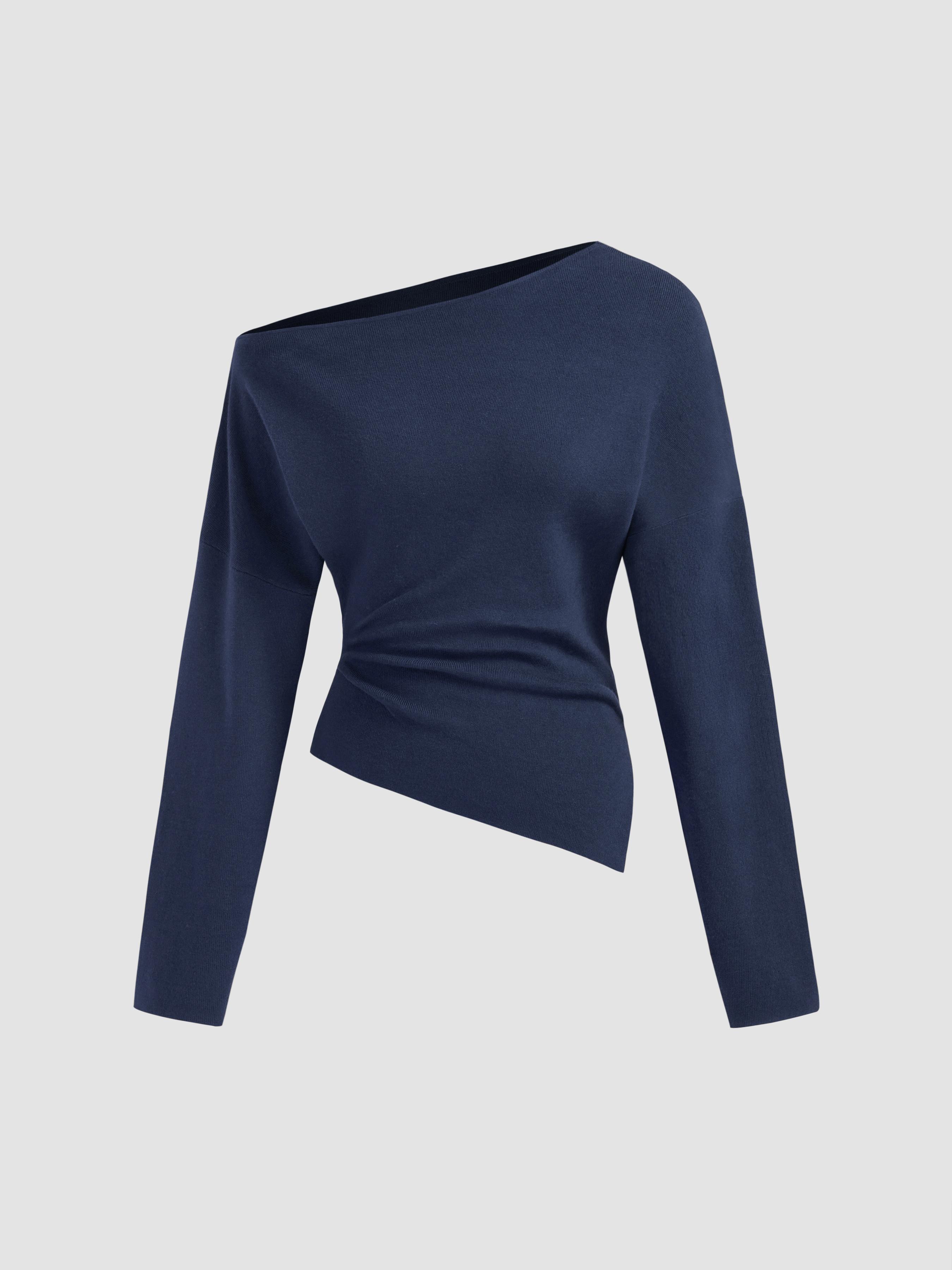 Knit Asymmetrical Neck Solid Ruched Long Sleeve Top by CIDER