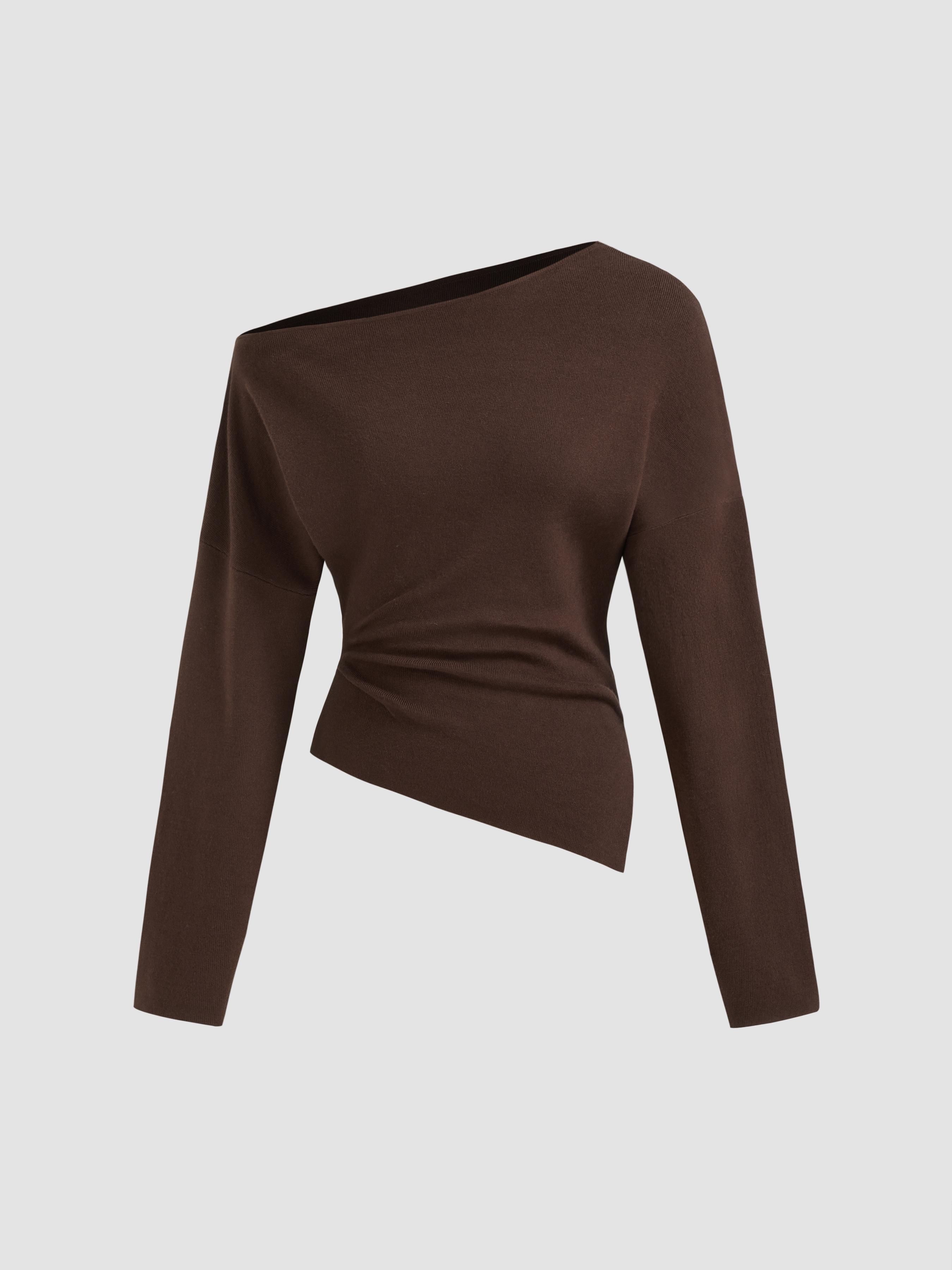 Knit Asymmetrical Neck Solid Ruched Long Sleeve Top by CIDER