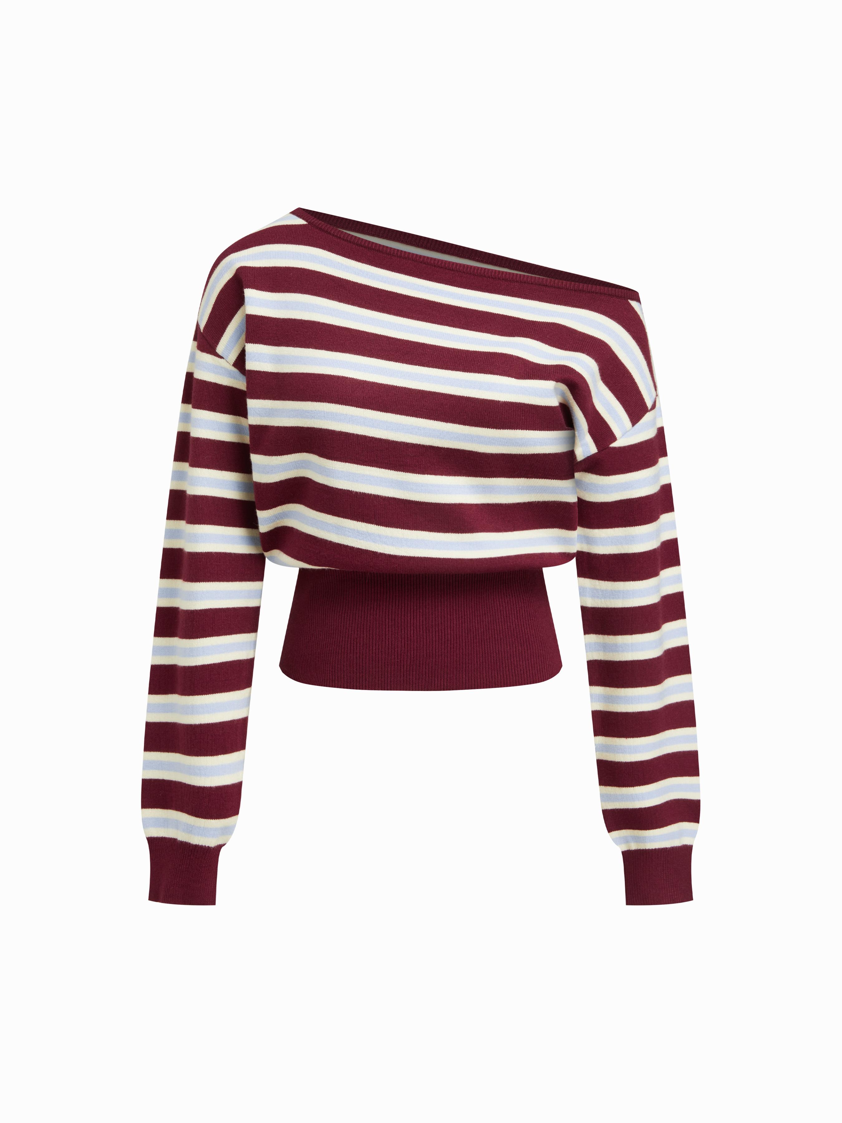 Knit Asymmetrical Neck Striped Sweater by CIDER