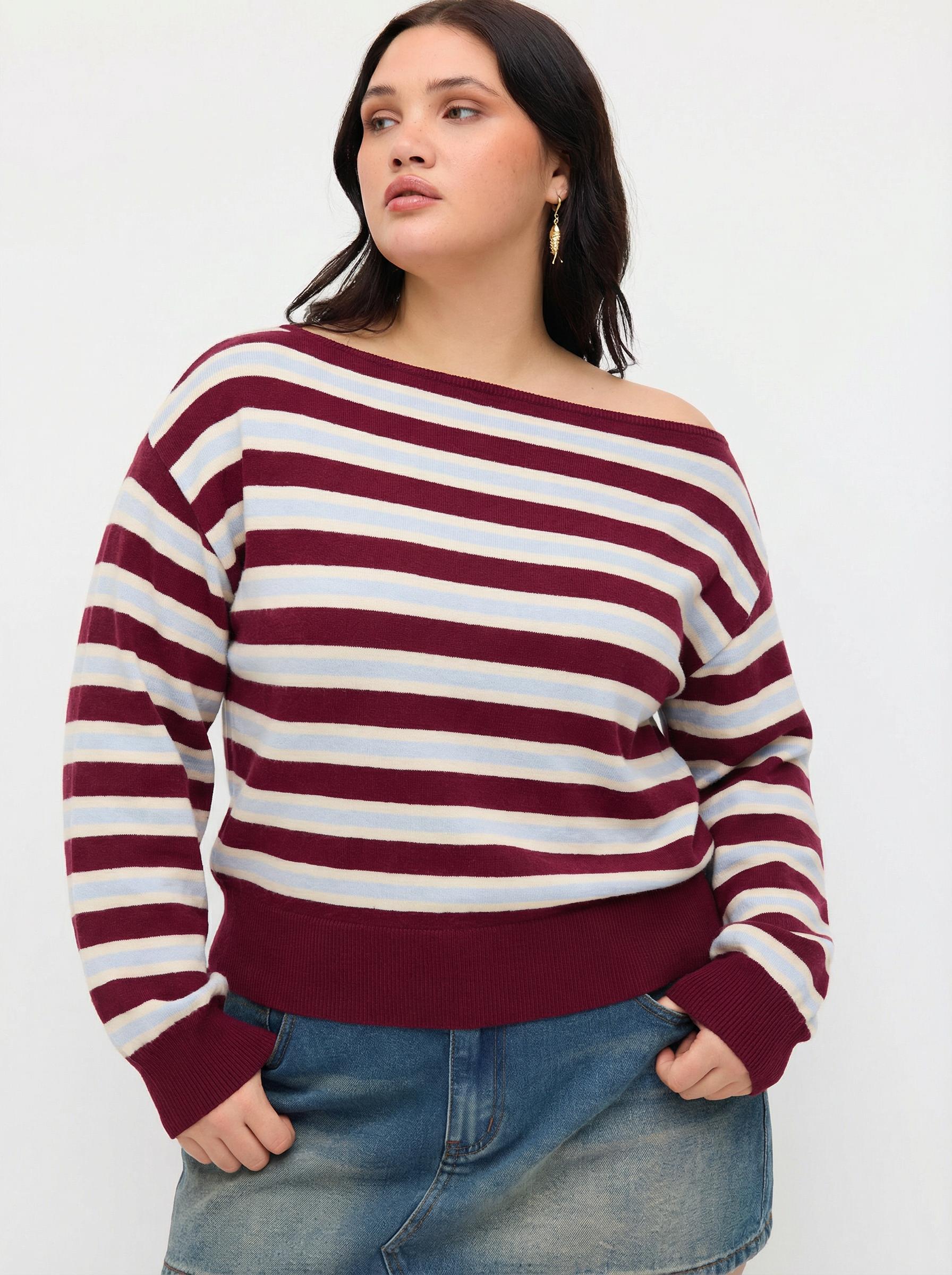 Knit Asymmetrical Neck Striped Sweater Curve & Plus by CIDER