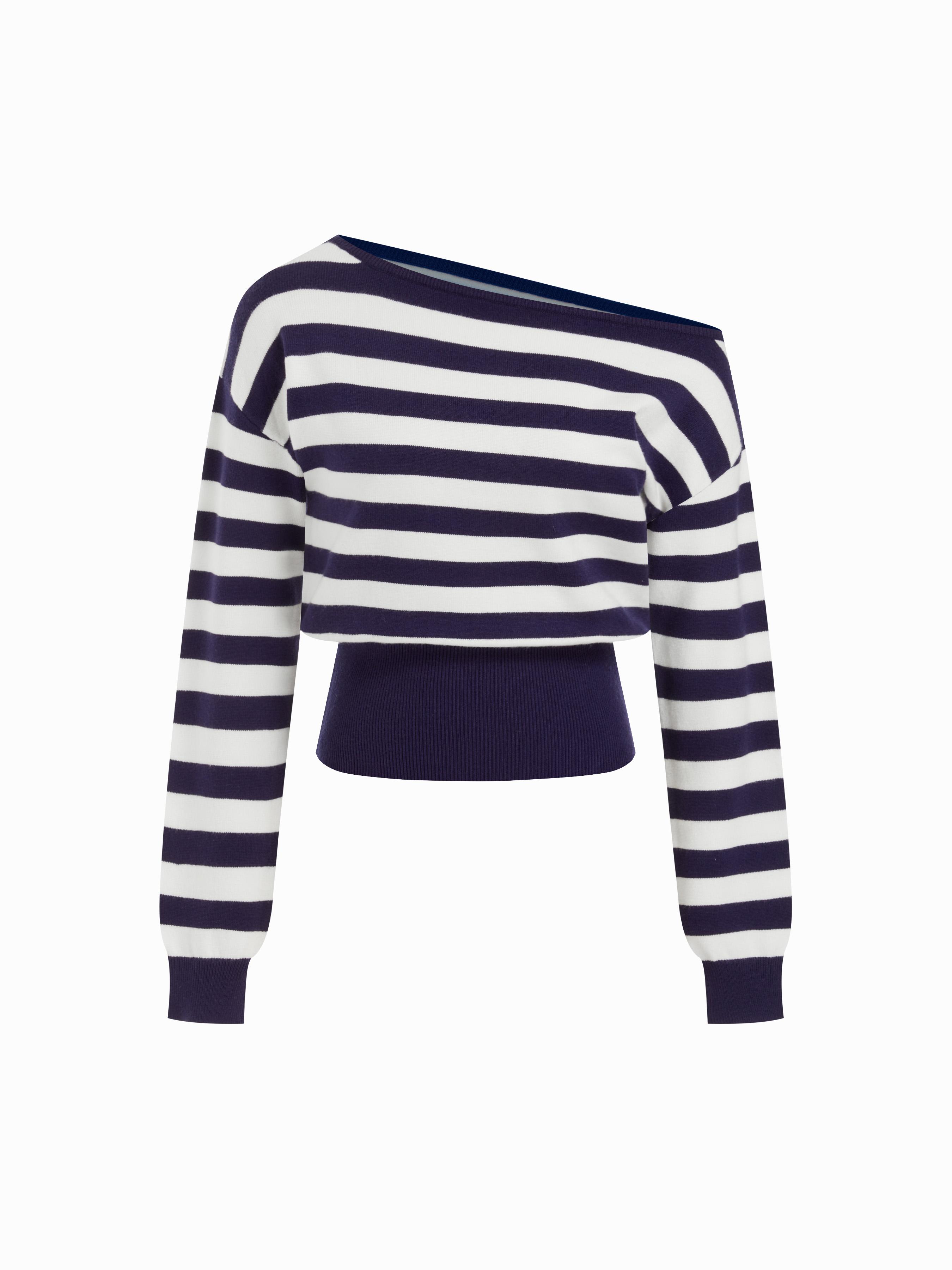 Knit Asymmetrical Neck Striped Sweater by CIDER