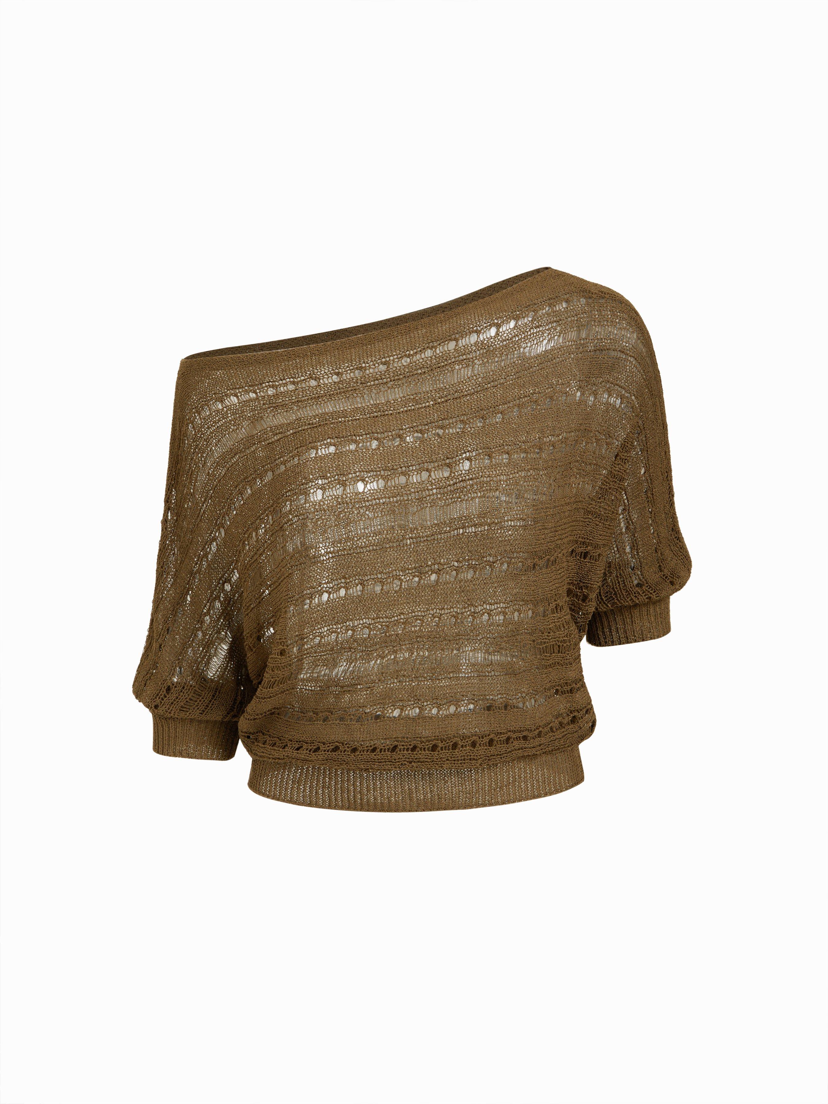 Knit Asymmetrical Neckline Middle Sleeve Top by CIDER
