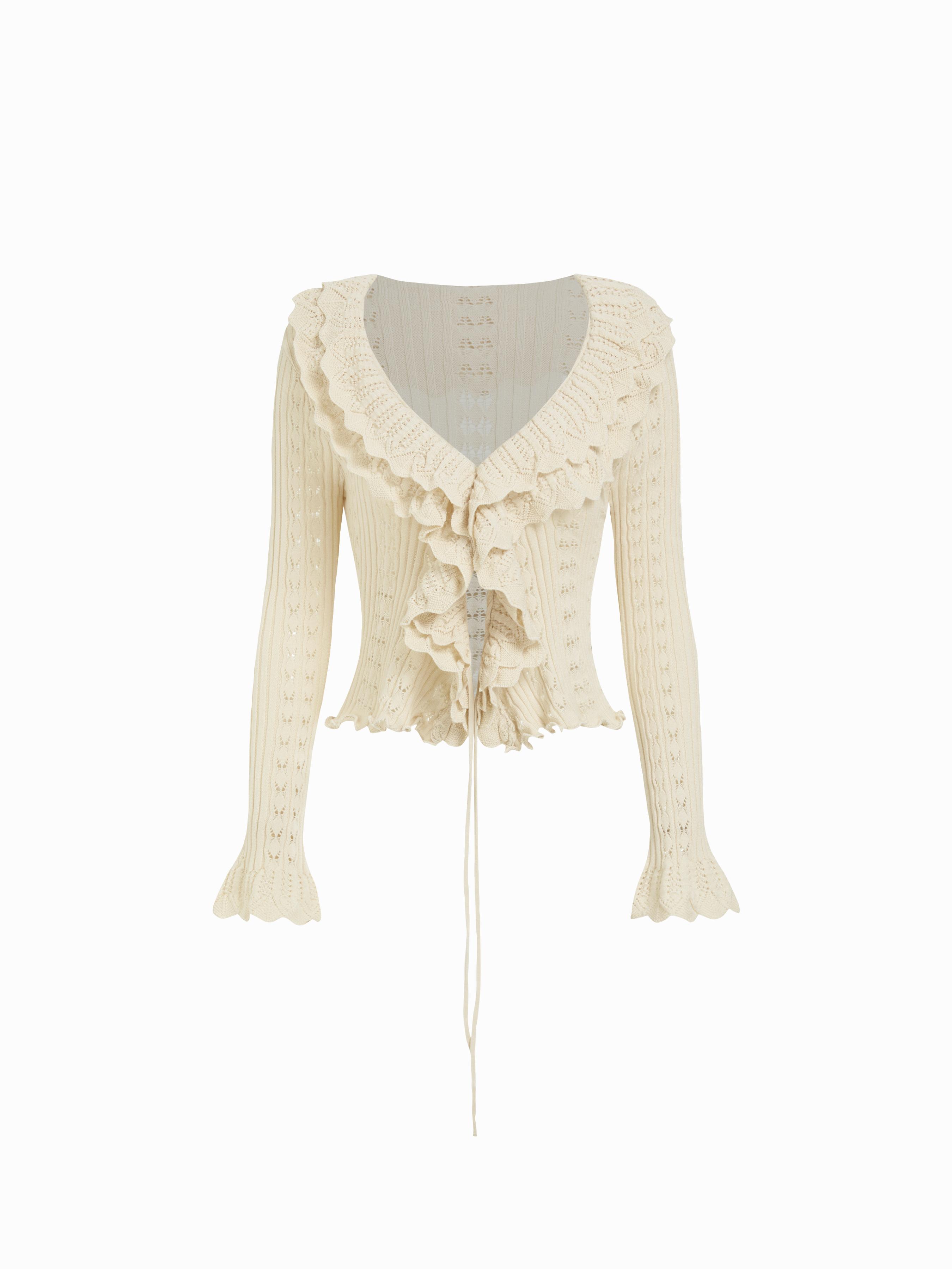 Knit Bell Sleeve Ruffled Hem Knotted Hollow Out Cardigan by CIDER