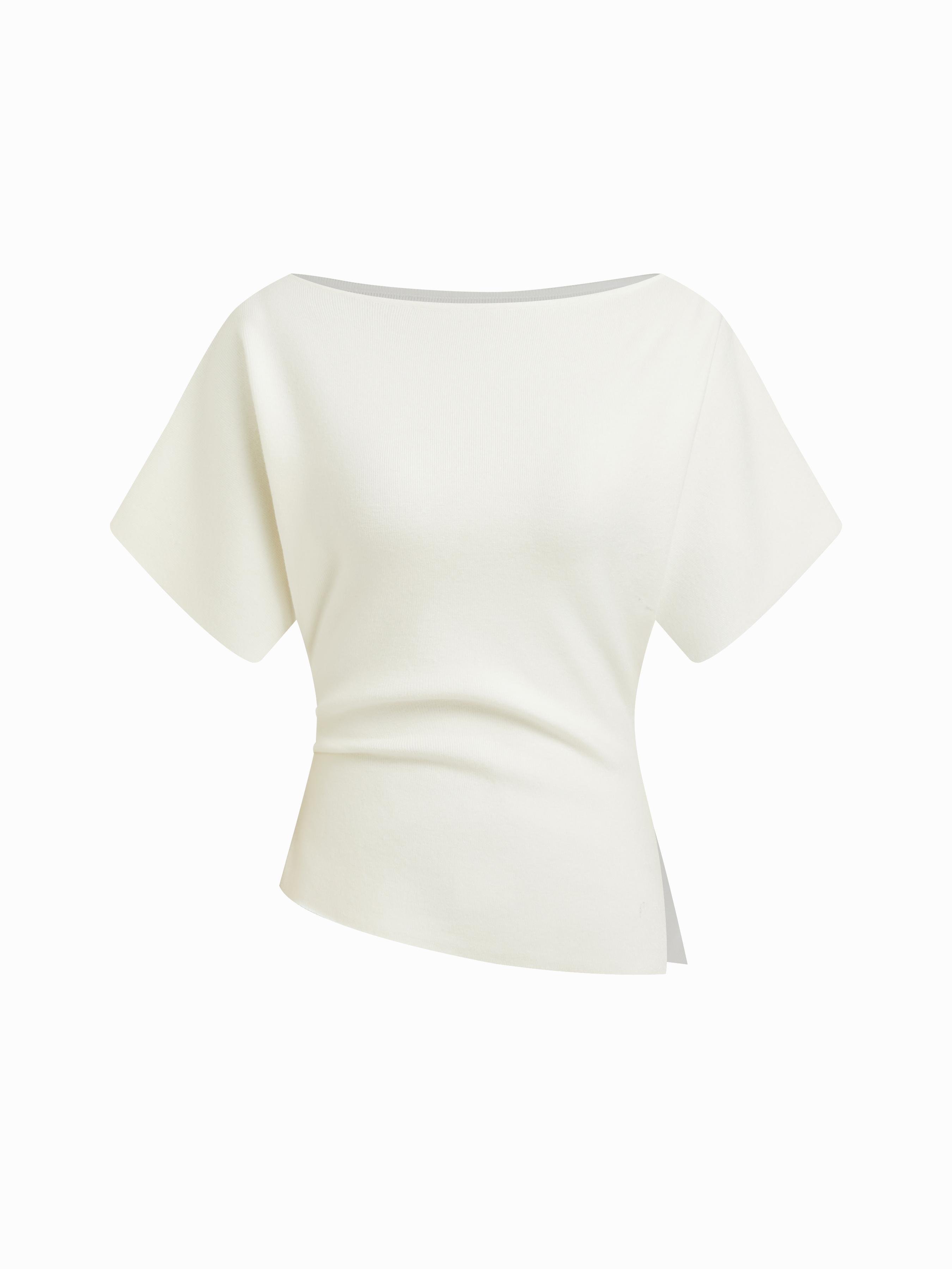 Knit Boat Neck Asymmetrical Hem Spilt Batwing Sleeve Top by CIDER