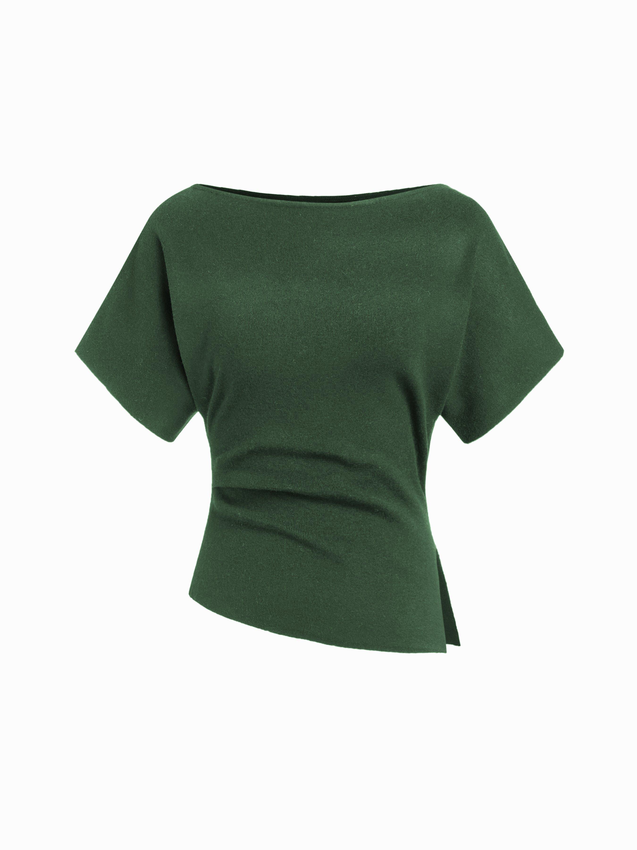 Knit Boat Neck Asymmetrical Hem Spilt Batwing Sleeve Top by CIDER