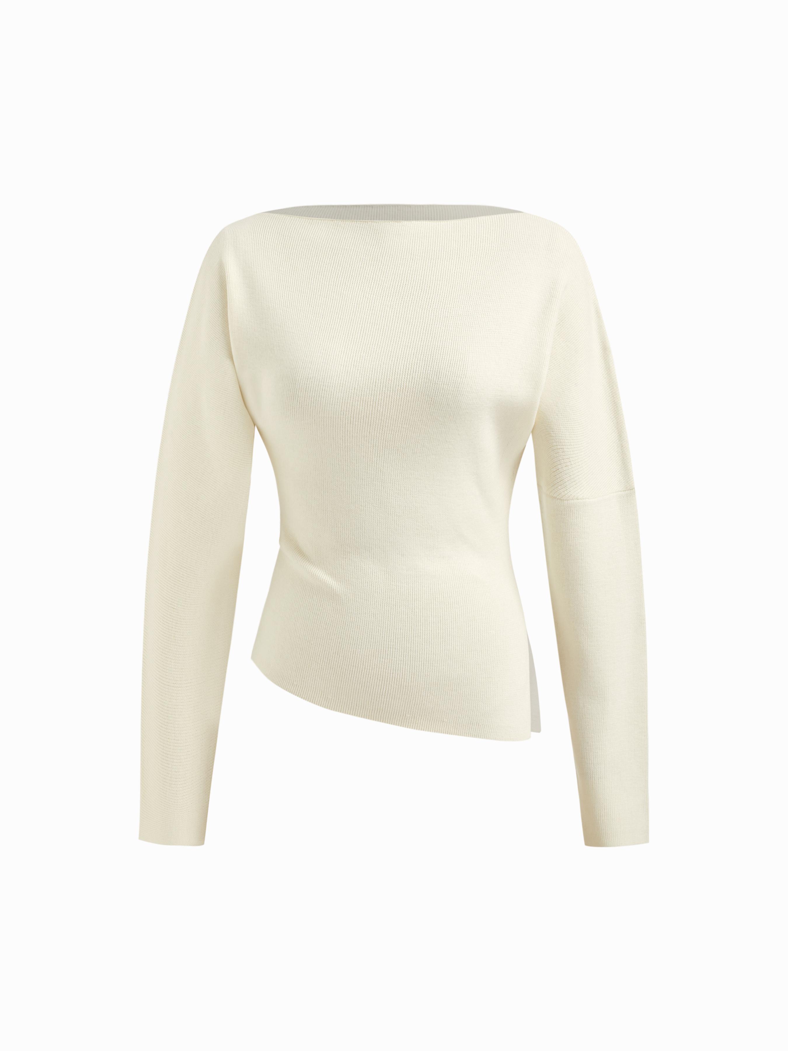 Knit Boat Neck Asymmetrical Hem Split Long Sleeve Top by CIDER