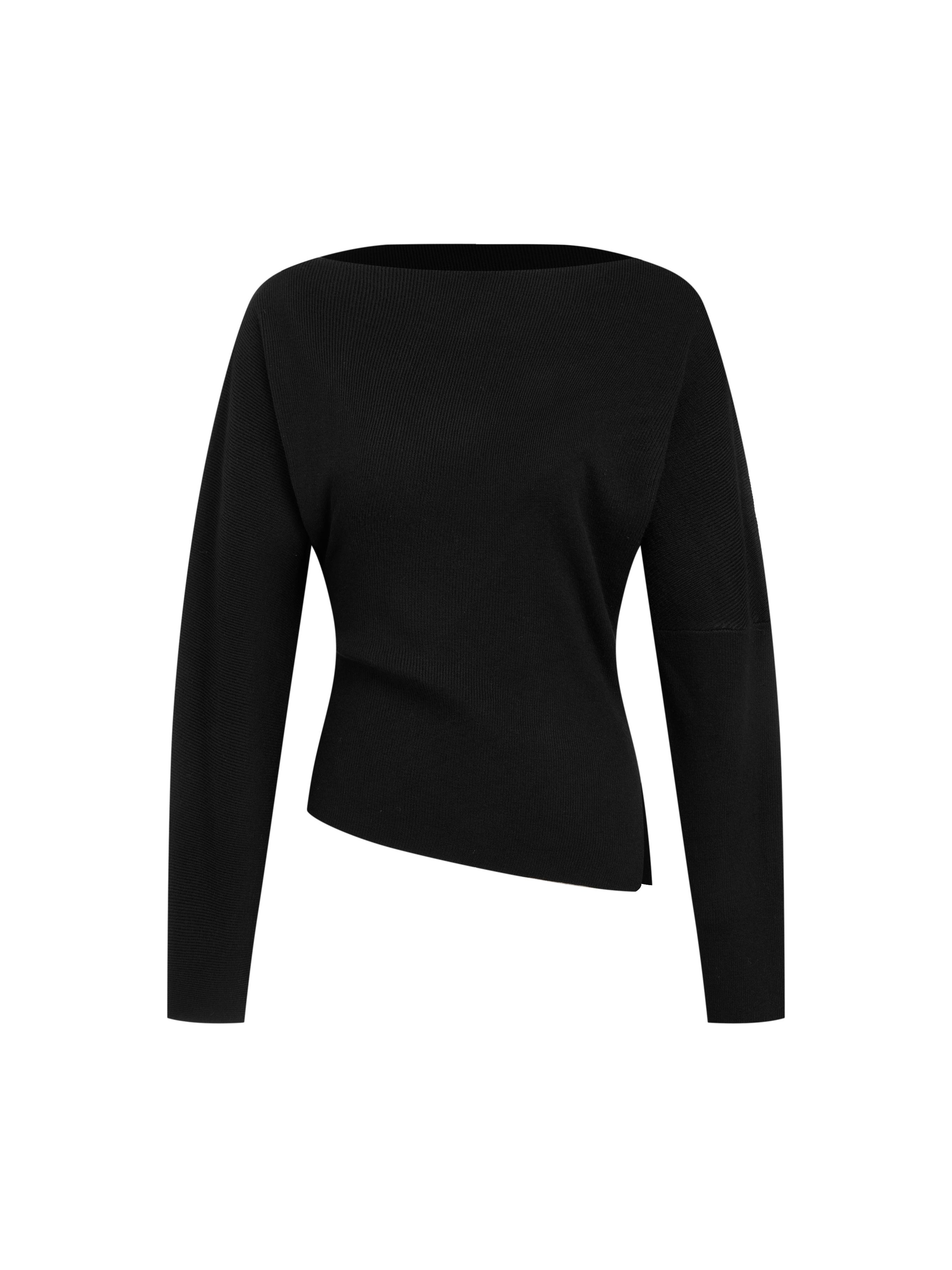 Knit Boat Neck Asymmetrical Hem Split Long Sleeve Top by CIDER