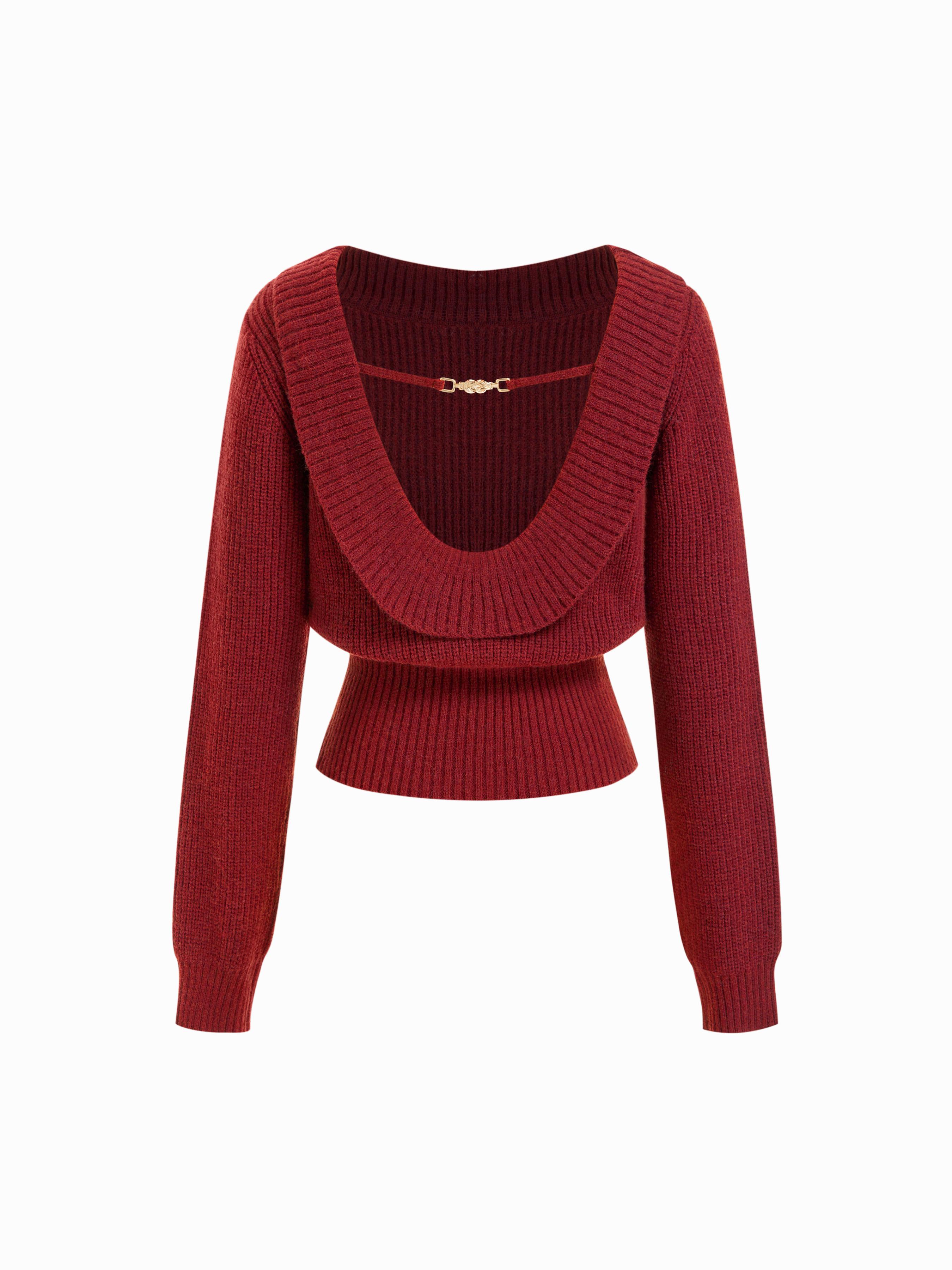 Knit Boat Neck Backless Chain Detail Long Sleeve Top by CIDER