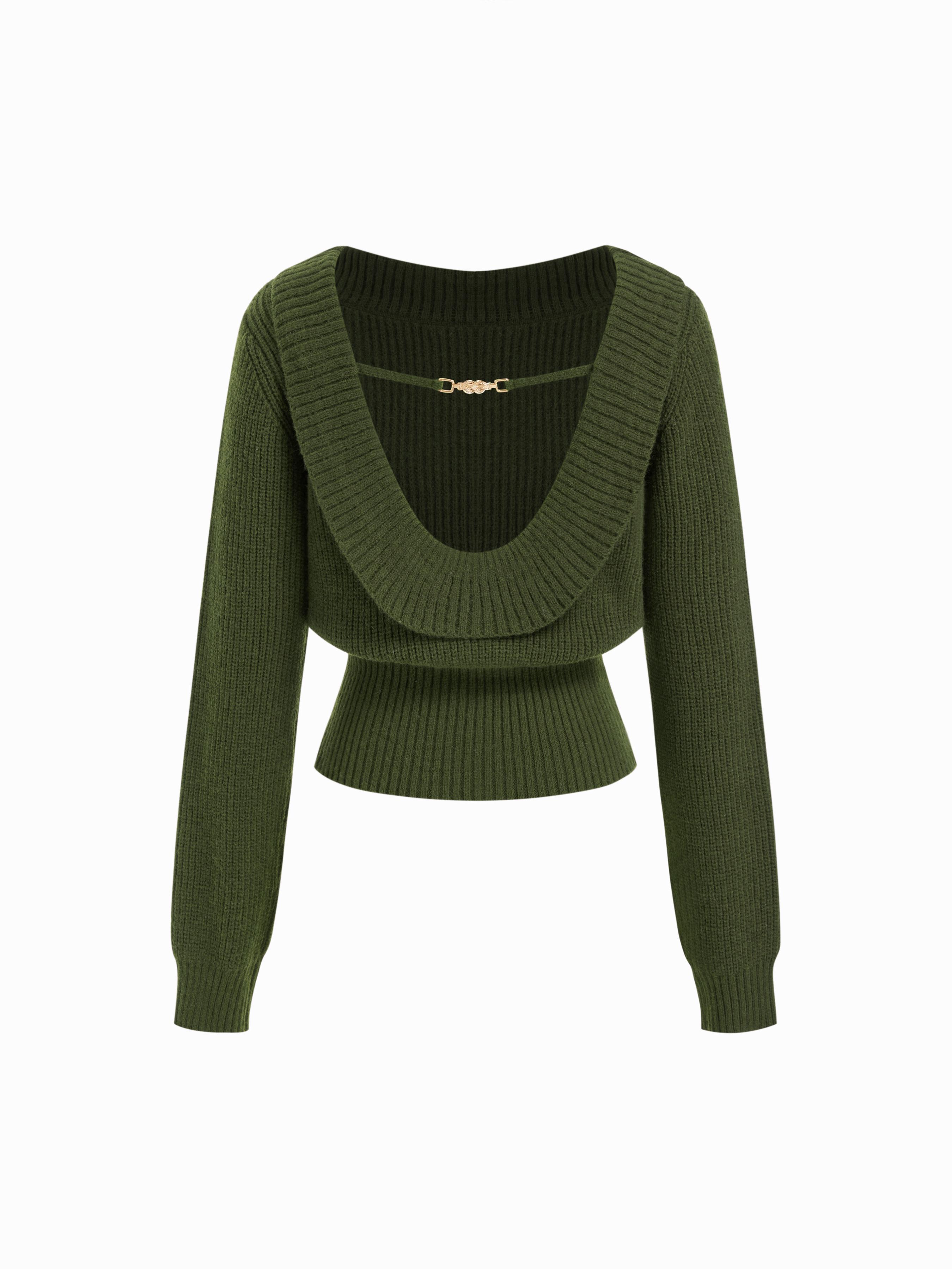 Knit Boat Neck Backless Chain Detail Long Sleeve Top by CIDER