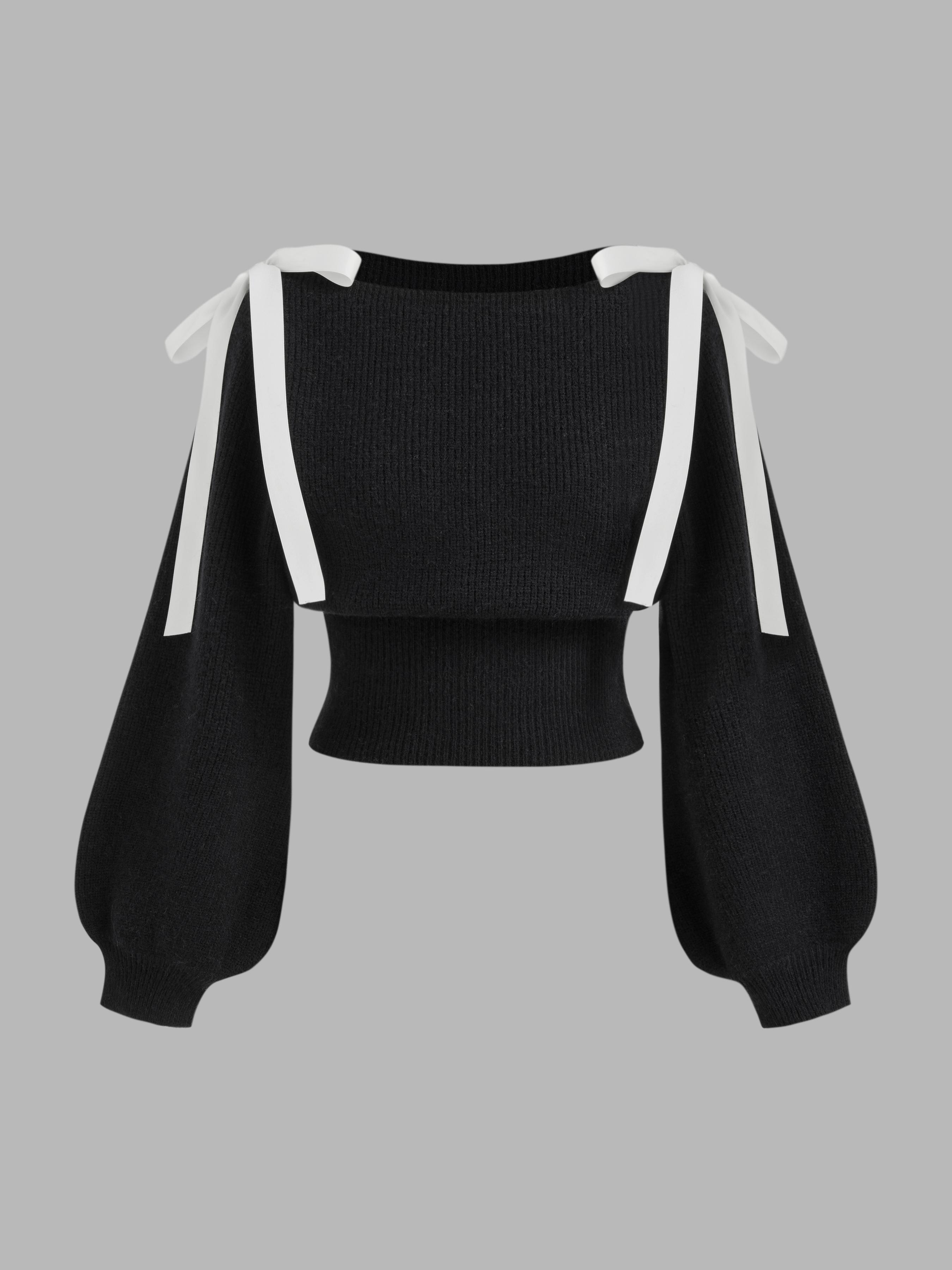 Knit Boat Neck Bowknot Crop Oversized Sweater by CIDER