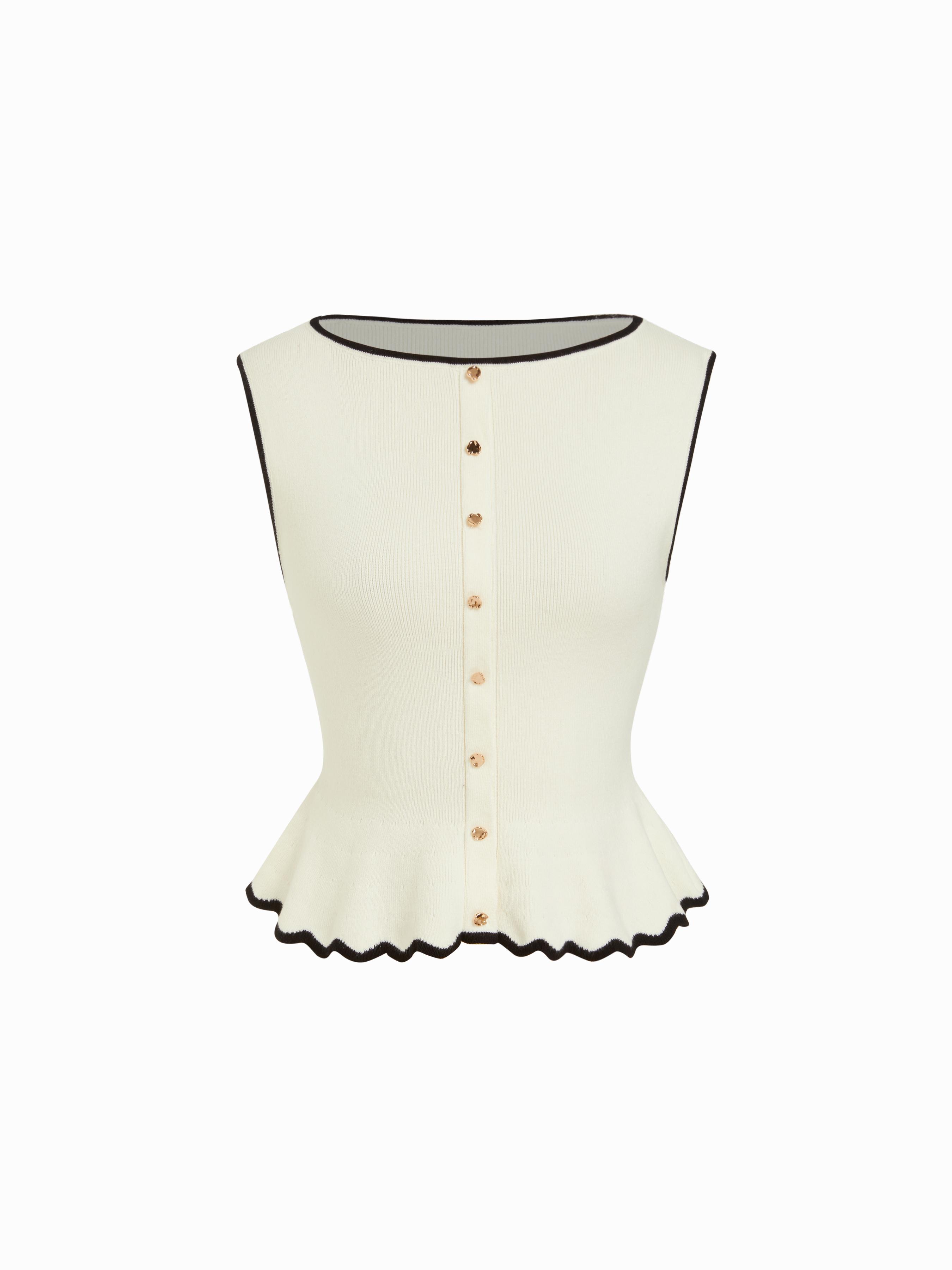 Knit Boat Neck Colorblock Ruffled Hem Metal Button Vest by CIDER