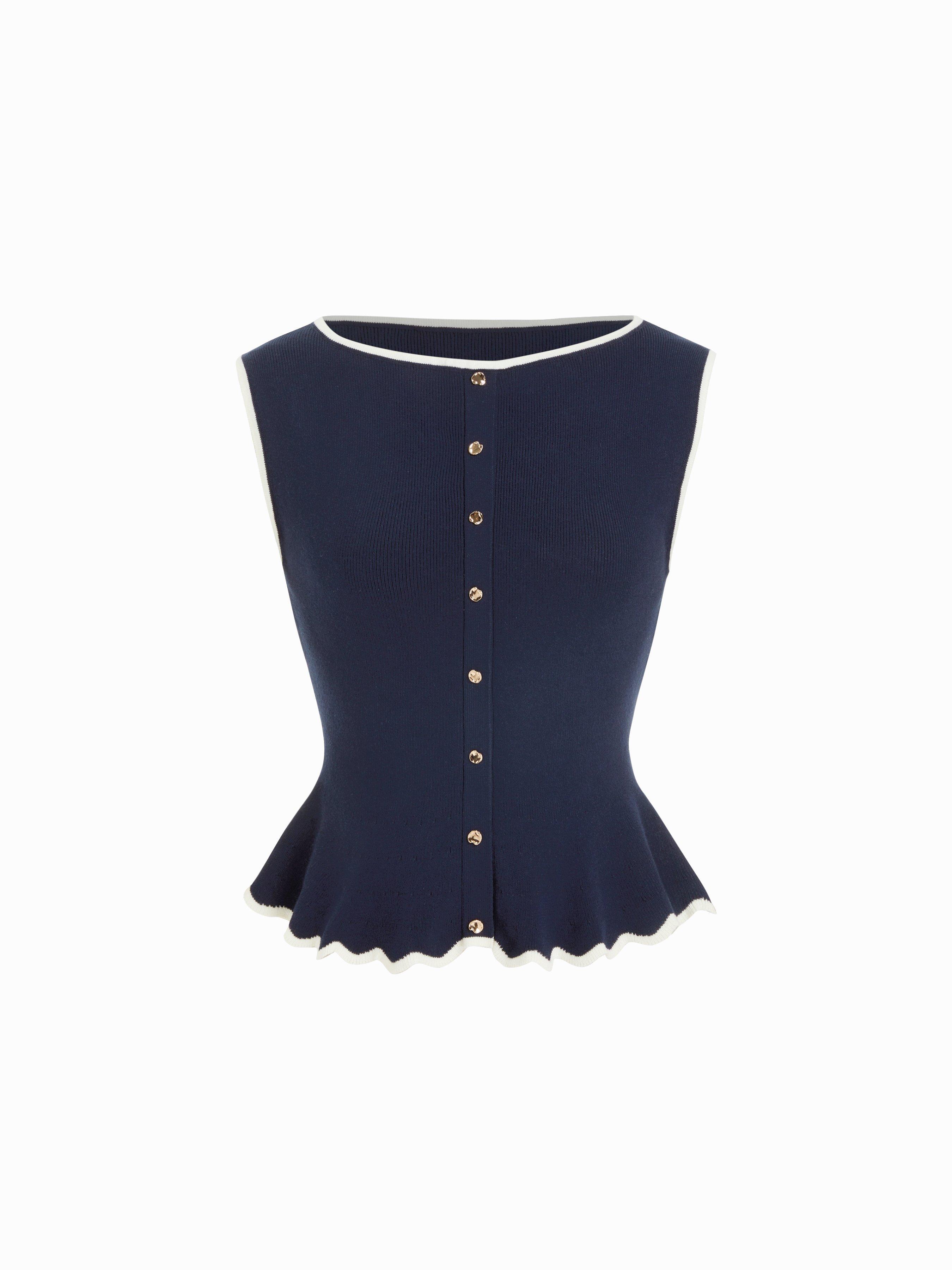 Knit Boat Neck Colorblock Ruffled Hem Metal Button Vest by CIDER