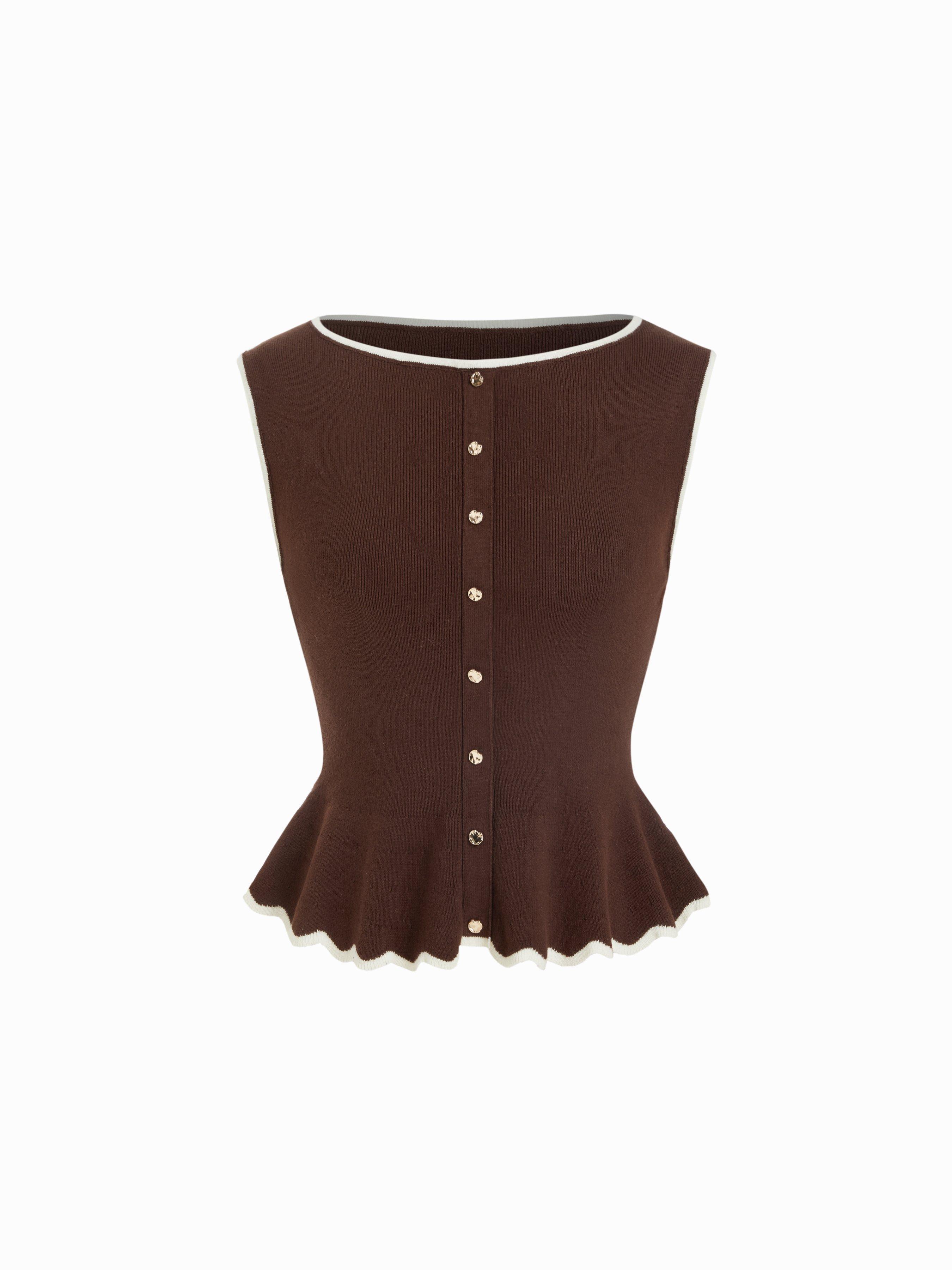 Knit Boat Neck Colorblock Ruffled Hem Metal Button Vest by CIDER
