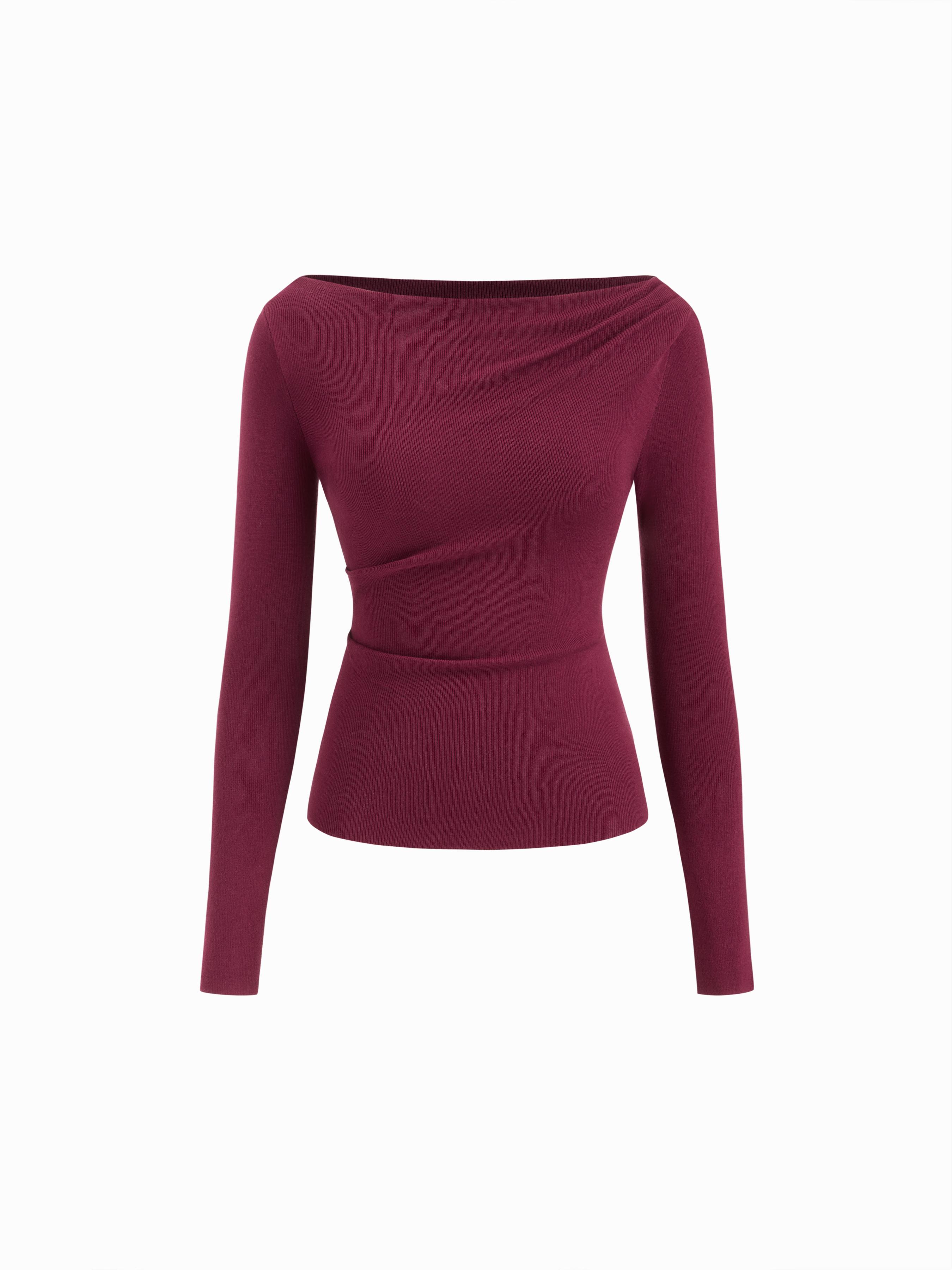 Knit Boat Neck Long Sleeve Ruched Top by CIDER