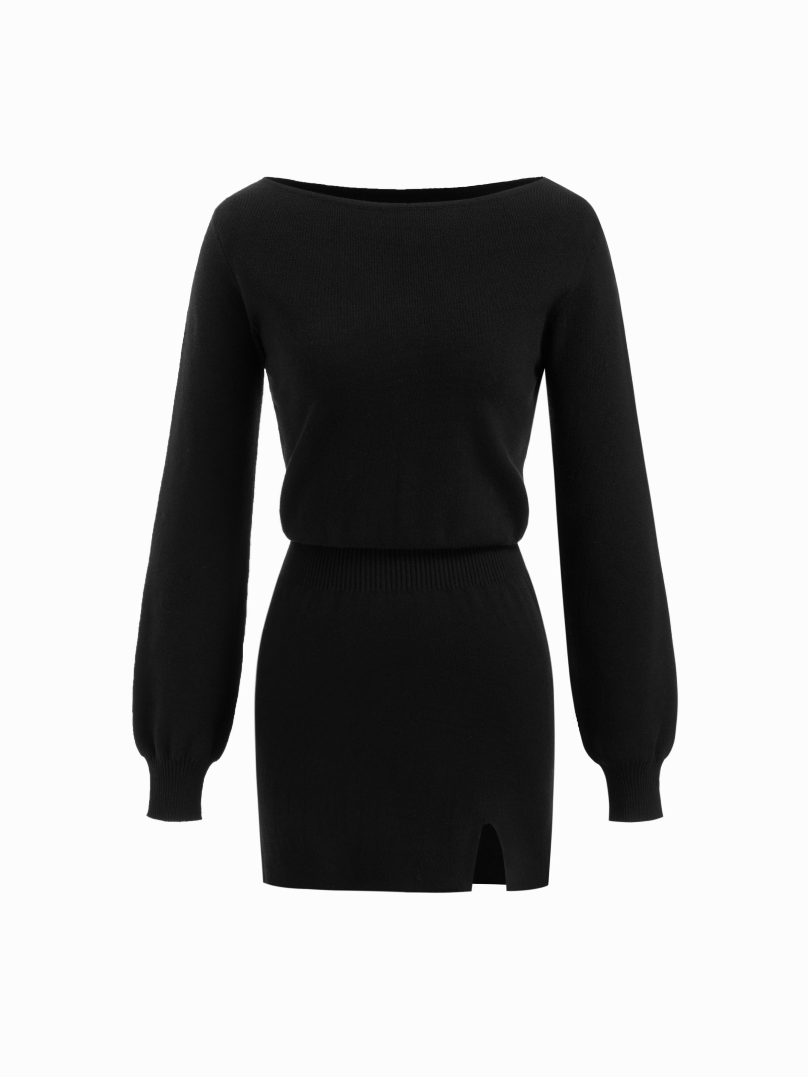 Knit Boat Neck Long Sleeve Split Mini Dress by CIDER