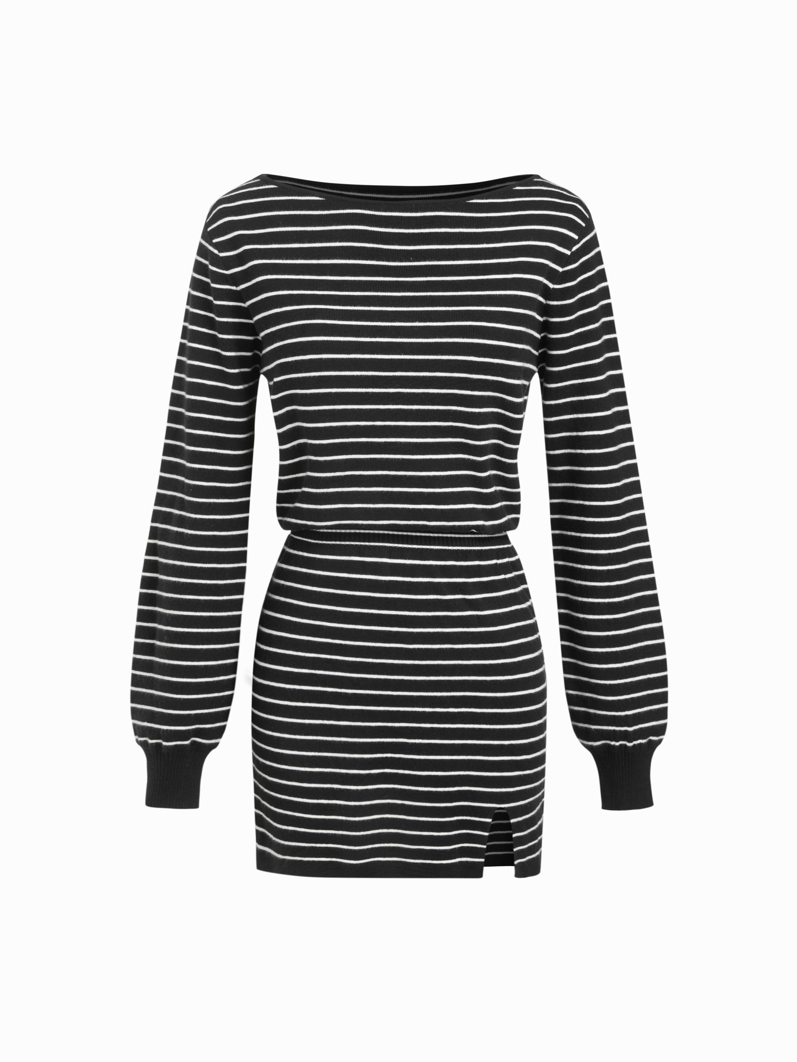 Knit Boat Neck Long Sleeve Split Mini Dress by CIDER