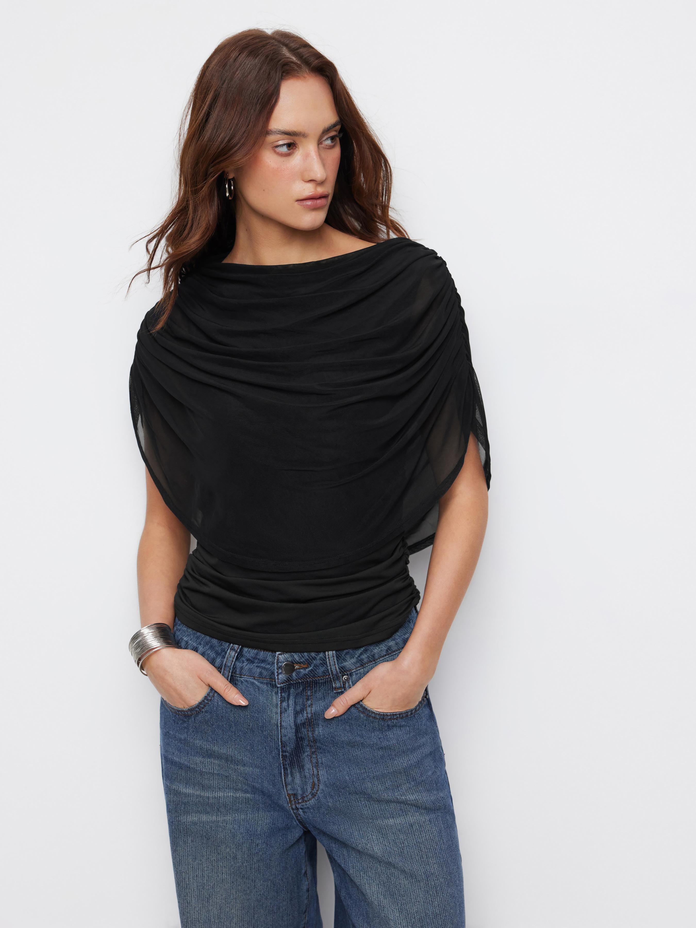 Knit Boat Neck Ruched Bolero Top by CIDER