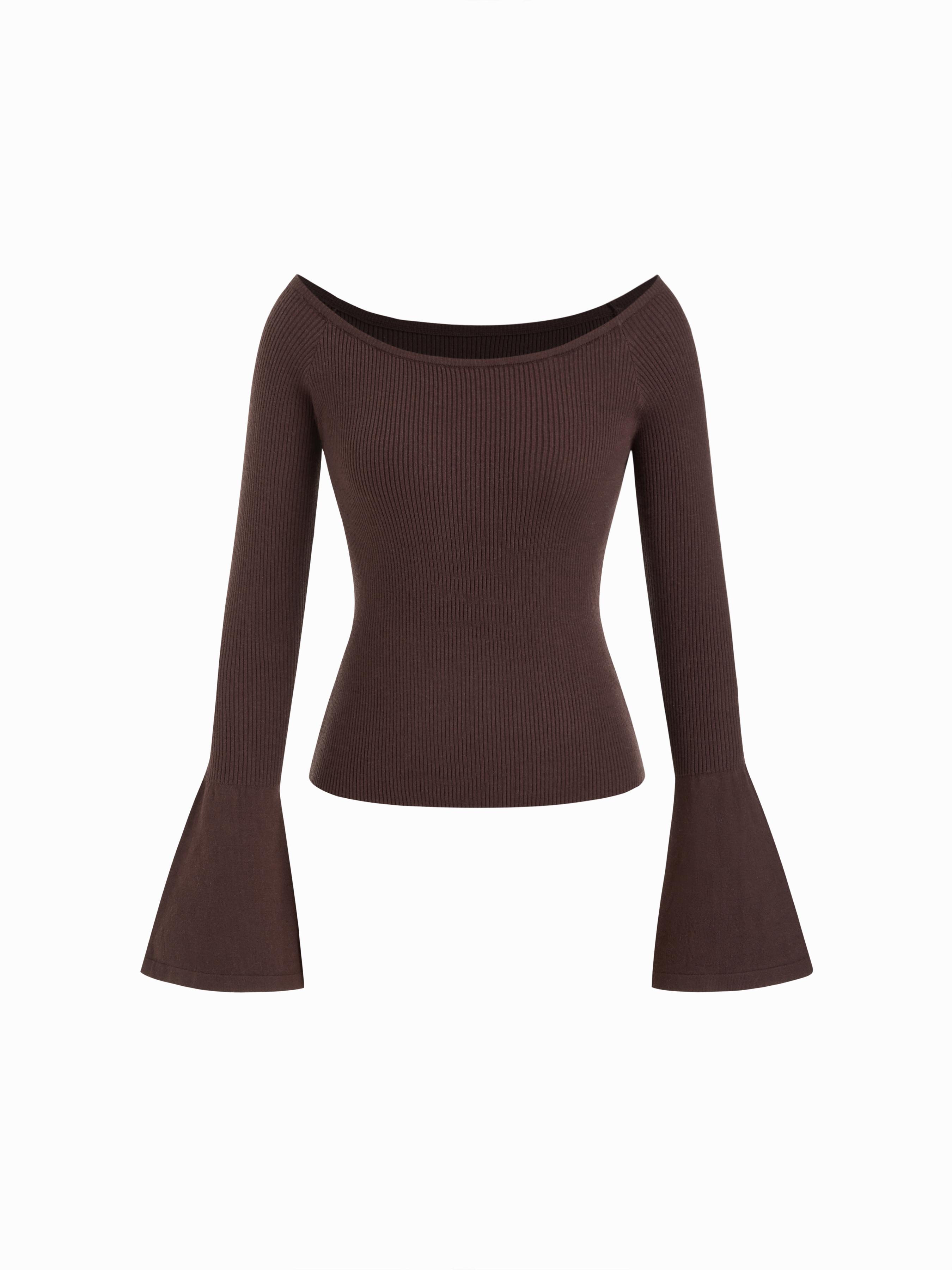 Knit Boat Neck Solid Bell Sleeve Top by CIDER